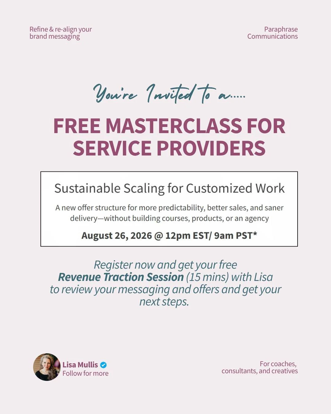 On Wednesday August 26th at 12pm ET I'm hosting a free masterclass, Sustainable Scaling for Customized Work.

If your work is too personal to productize but too exhausting to keep scoping from scratch, this one is for you.

We'll cover:
✅ Why "l