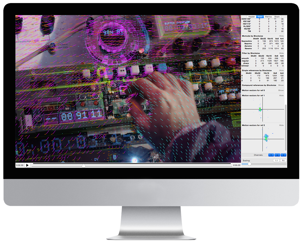 Motion vector overlay and mode choice statistics. Statistics can be exported to external applications for further analysis.