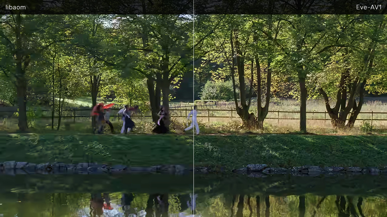 See the difference in visual quality between libaom (left) and Eve-AV1 (right). Notice the people and the grass on the bank.