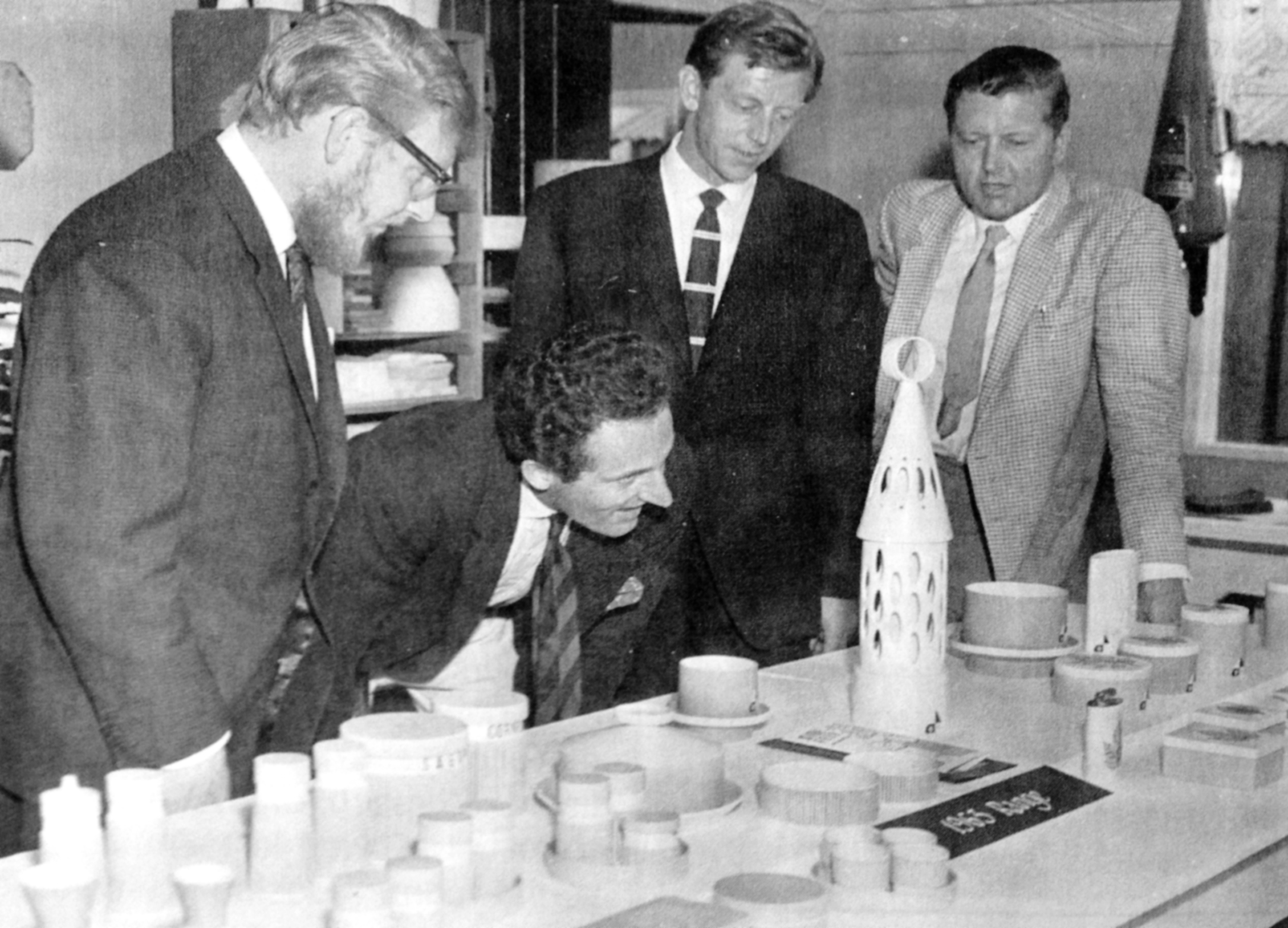 In the Design Studio admiring the Abbey Lantern and Summertime Range, early 1960s. Left to right: John Clappison, David Queensbury, Colin Rawson and Desmond Rawson.