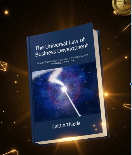 A book titled "The Universal Law of Business Development" by Caitlin Thiede, floating against a dark background with glowing sparkles and a clock in the top right corner.