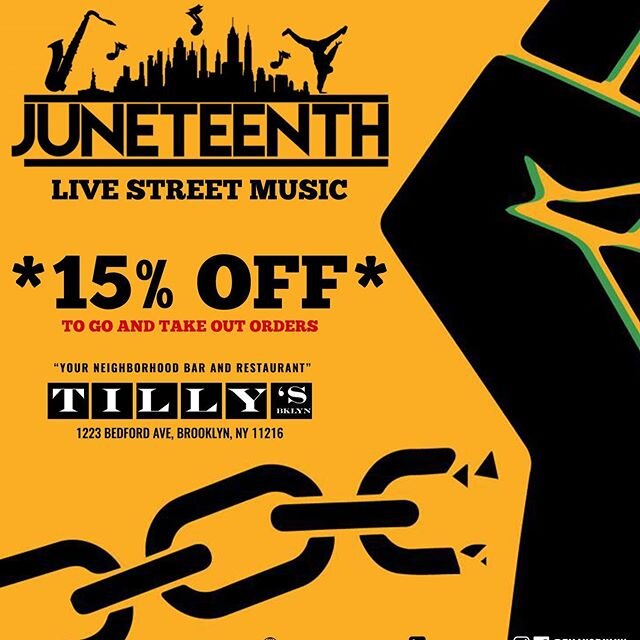 Happy Juneteenth! 🖤 Come down and enjoy our live street band @theapachebrownband will  be performing @tillysbklyn at 6pm. 15% off all to go /take out  orders. .
.
.
#tillysbklyn #brooklyn #foodporn #greatVibes #foodgasm #ServingLoveAndLight #tasteof