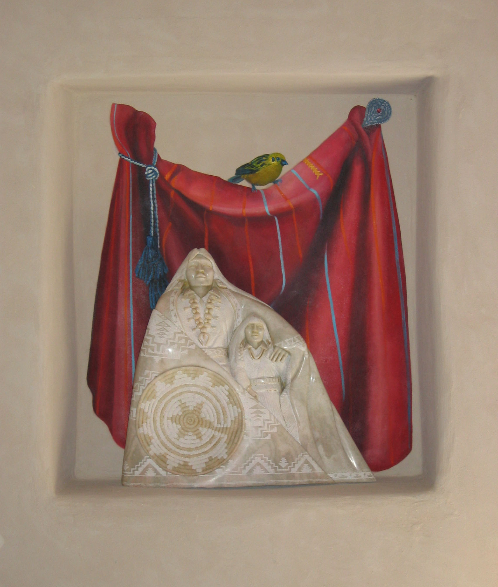 Trompe l'oeil cloth with bird in niche