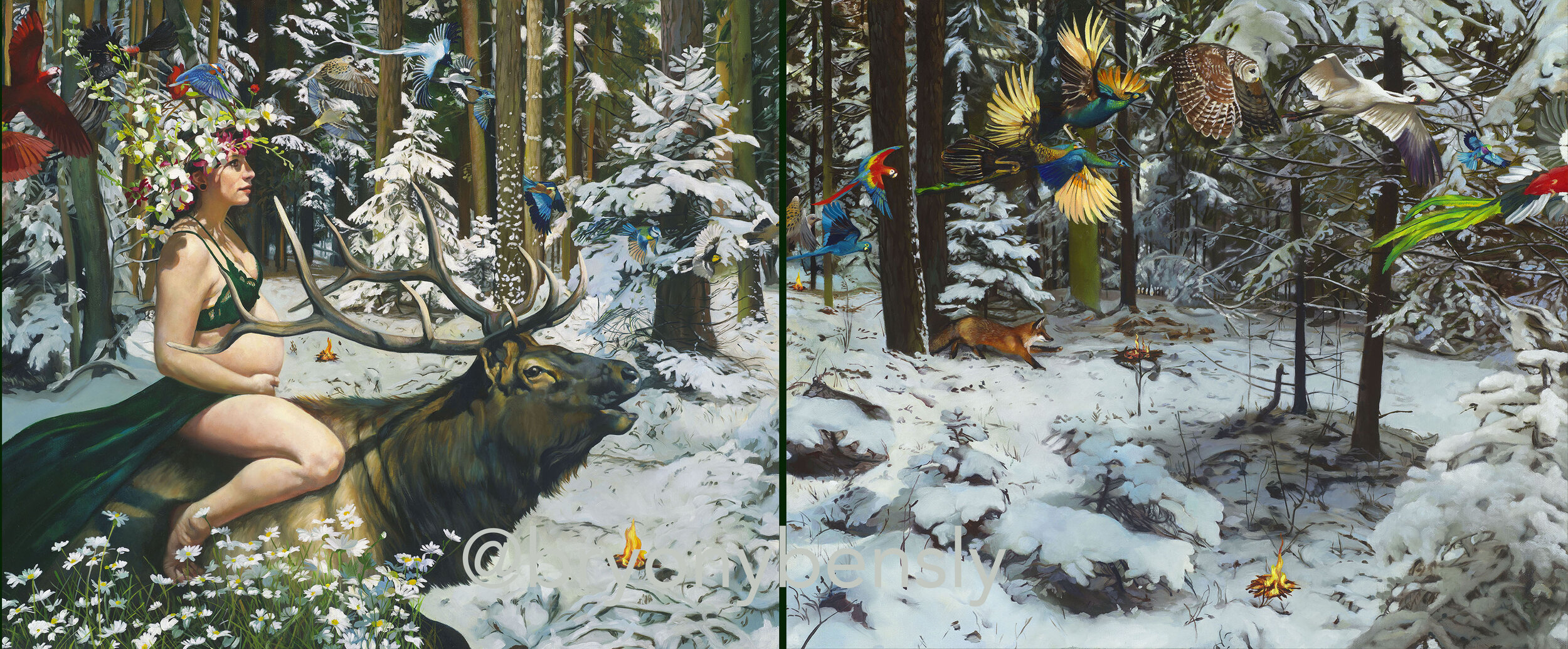 Rebirth, diptych, oil on canvas, total length: 20 x 48 inches