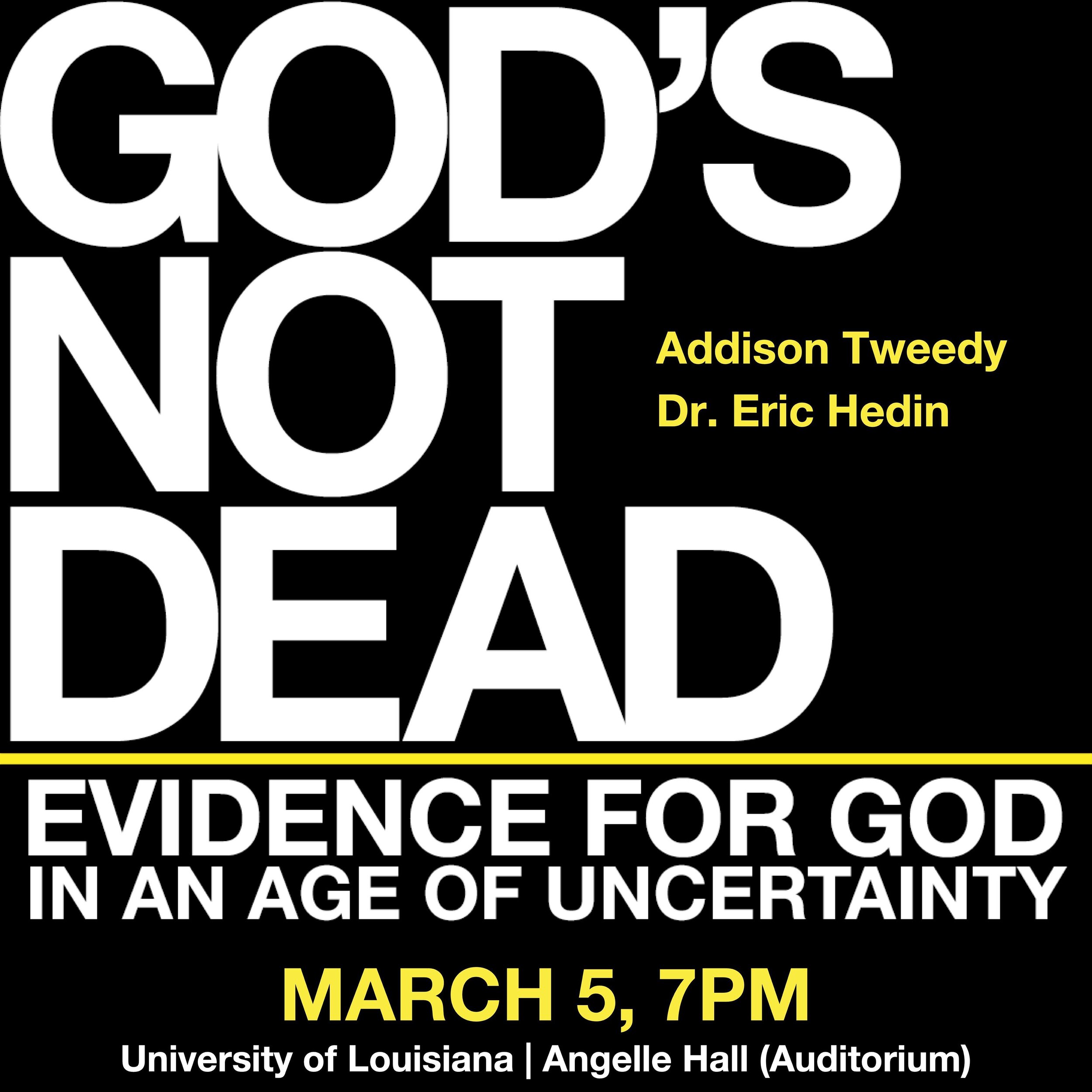 ‼️GOD&rsquo;S NOT DEAD‼️
We&rsquo;re super excited for what&rsquo;s coming up! Join us for a FREE live event and Q&amp;A with a physicist and author on the existence of God!! All students welcome!!
✨March 5 at 7pm
✨Angelle Hall (Auditorium) 
#christi