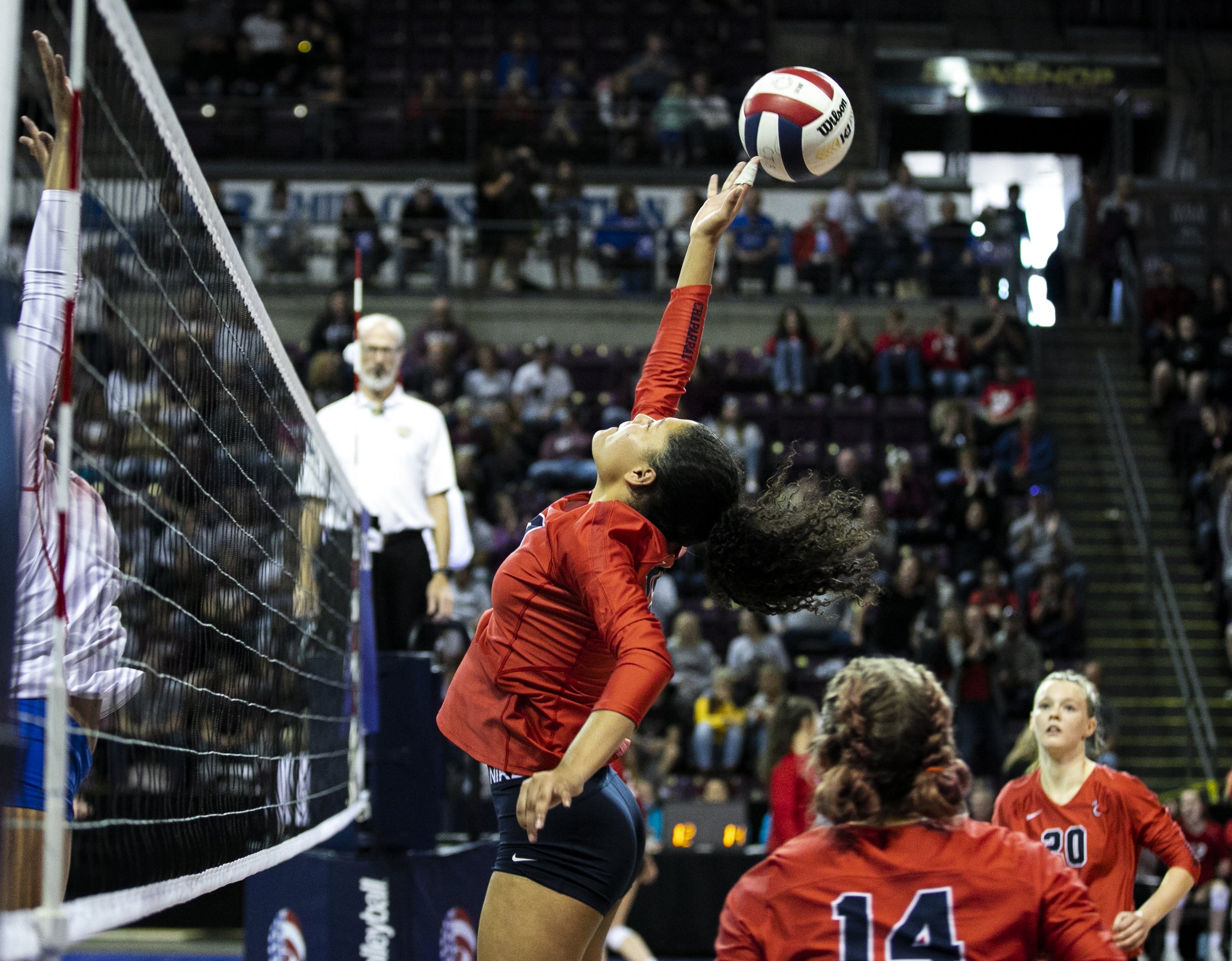  Chaparral High School's Mackenzie Brandon (19) attempts to block a spike during the Class 5A Colorado State Volleyball semifinals at the Broadmoor World Arena in Colorado Springs, Colorado on Saturday, November 13, 2021. Chaparral played a closed ga