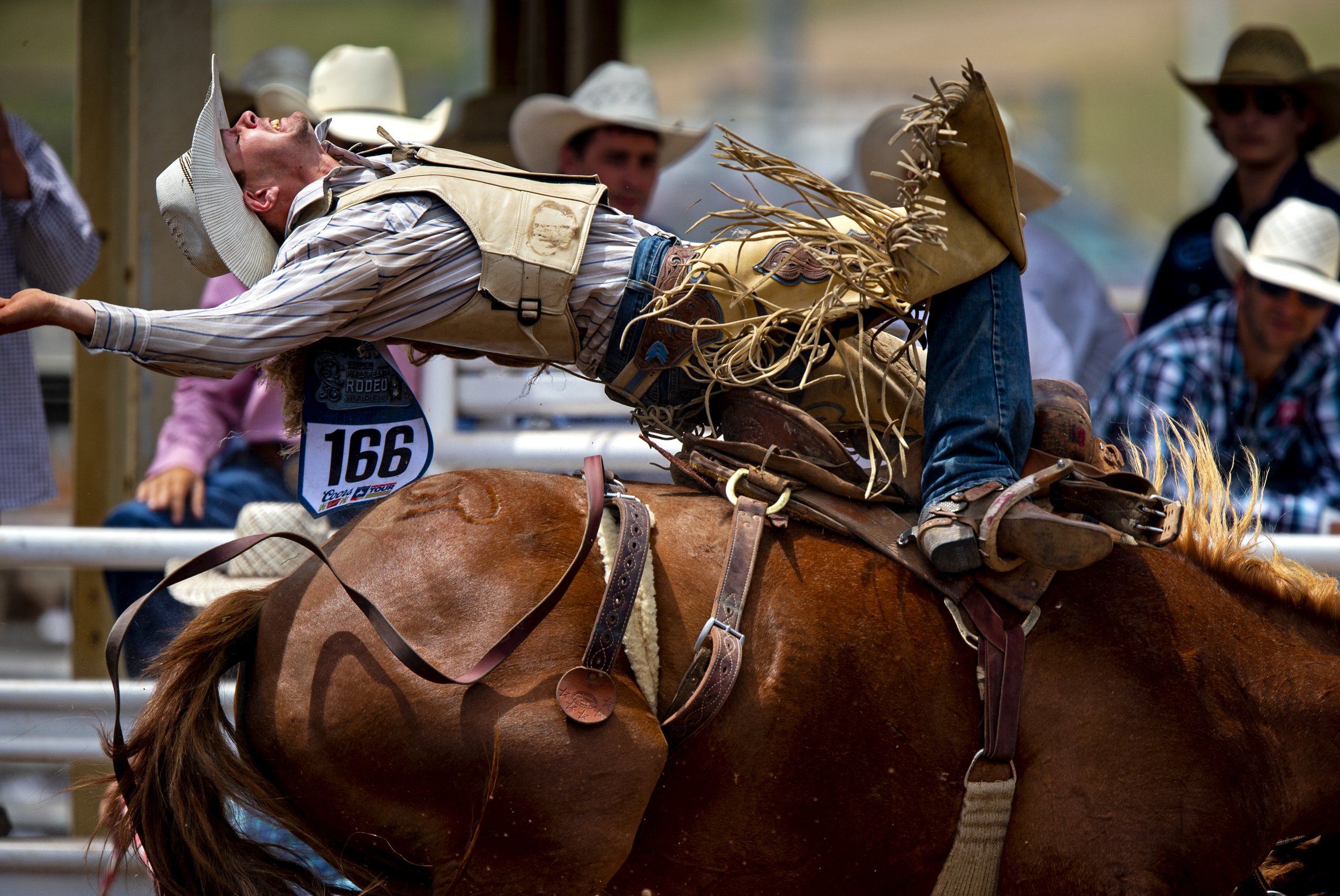  Sam Harper, of Paradise Valley, Nev., leans back on his horse during the saddle bronc competition July 13, 2019 at the Pikes Peak or Bust Rodeo at the Norris-Penrose Event Center in Colorado Springs, Colo. 