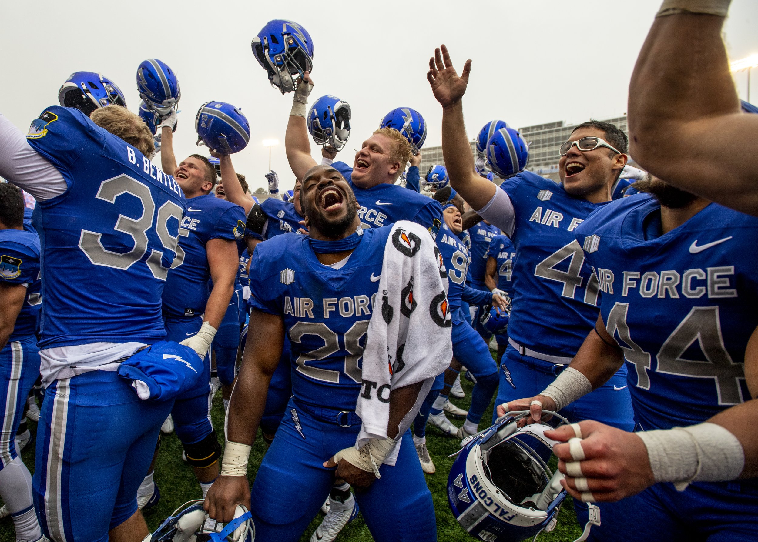  The Air Force Falcons celebrate their win against the Colorado University Buffaloes on Saturday, Sept. 10, 2022, at Air Force Academy, Colo. 