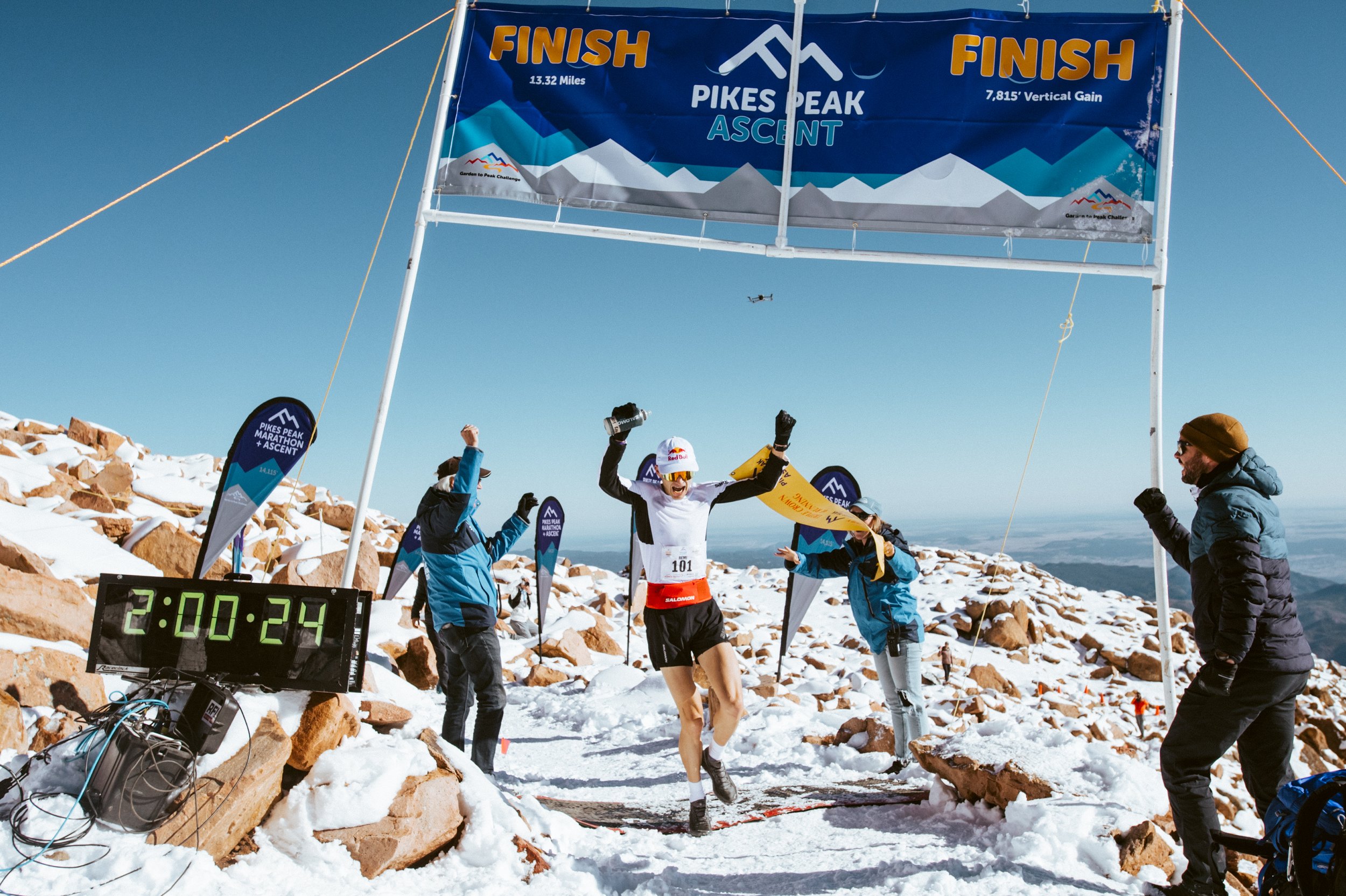  Swiss runner Rémi Bonnet cheers as he crosses the finish line, breaking the Pikes Peak Ascent record of 2:01:06 set in 1993 with a time of 2:00:20 on Saturday, Sept. 16, 2023 in Colorado Springs, Colo. Now, Bonnet said he has his sights set on runni