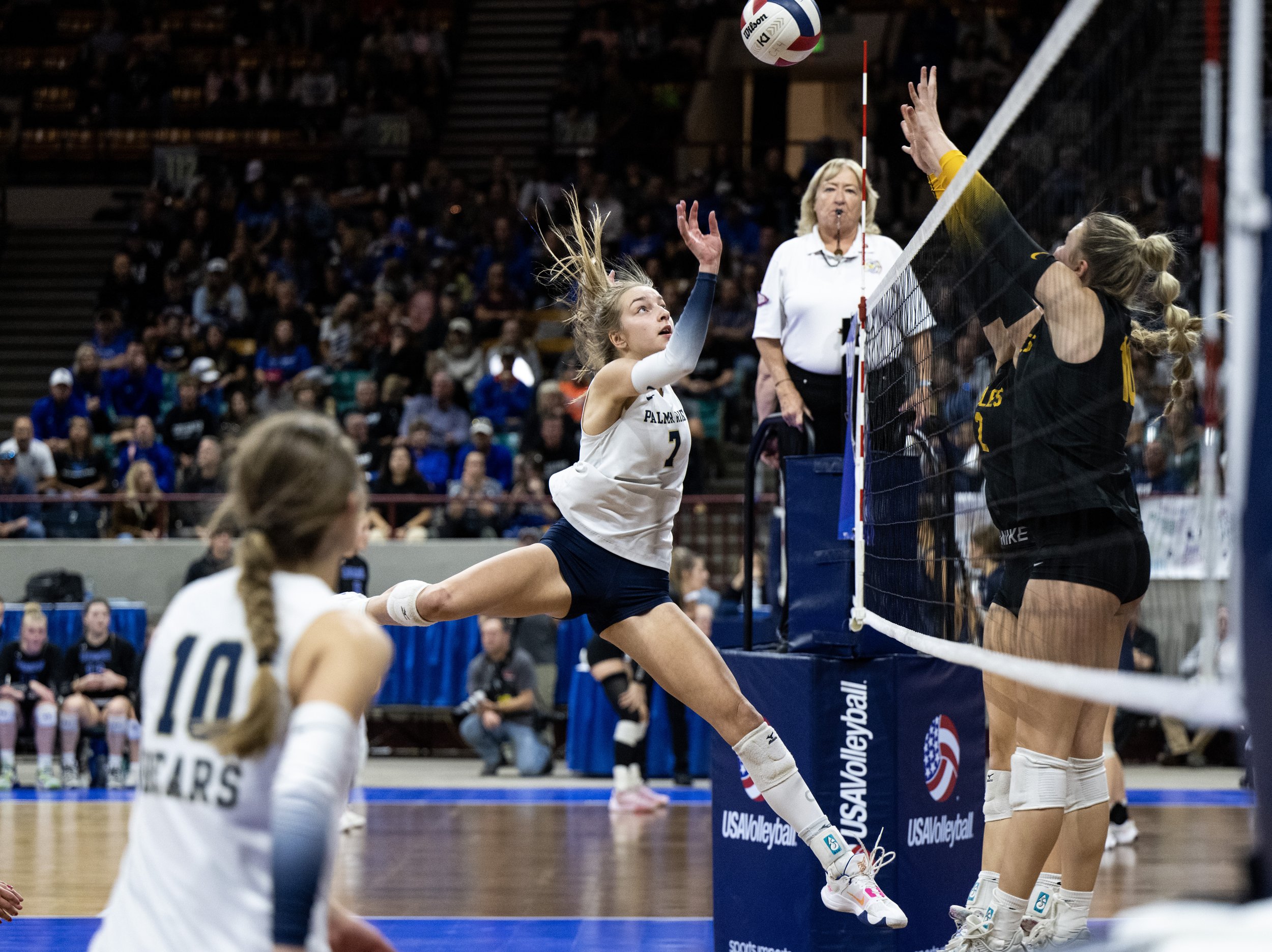  Palmer Ridge’s Amelia Hansen returns the ball during the 4A girls state volleyball championships on Saturday, Nov. 11, 2023, at The Denver Coliseum, in Denver, Colo. 