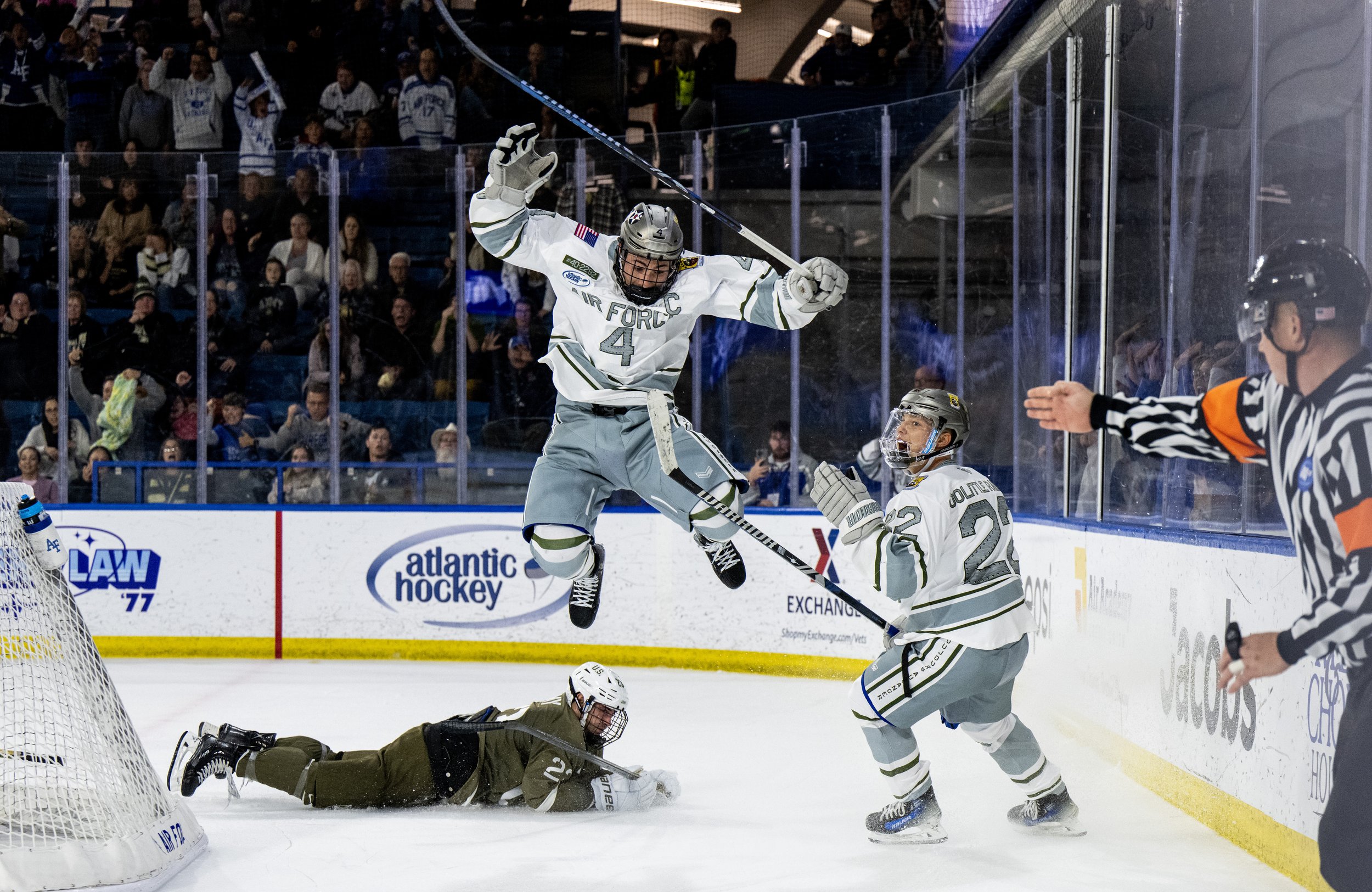  Air Force defenseman Luke Rowe celebrates after scoring the game-winning goal in overtime Friday against Army on Friday, Nov. 10, 2023, at Air Force Academy, Colo. 