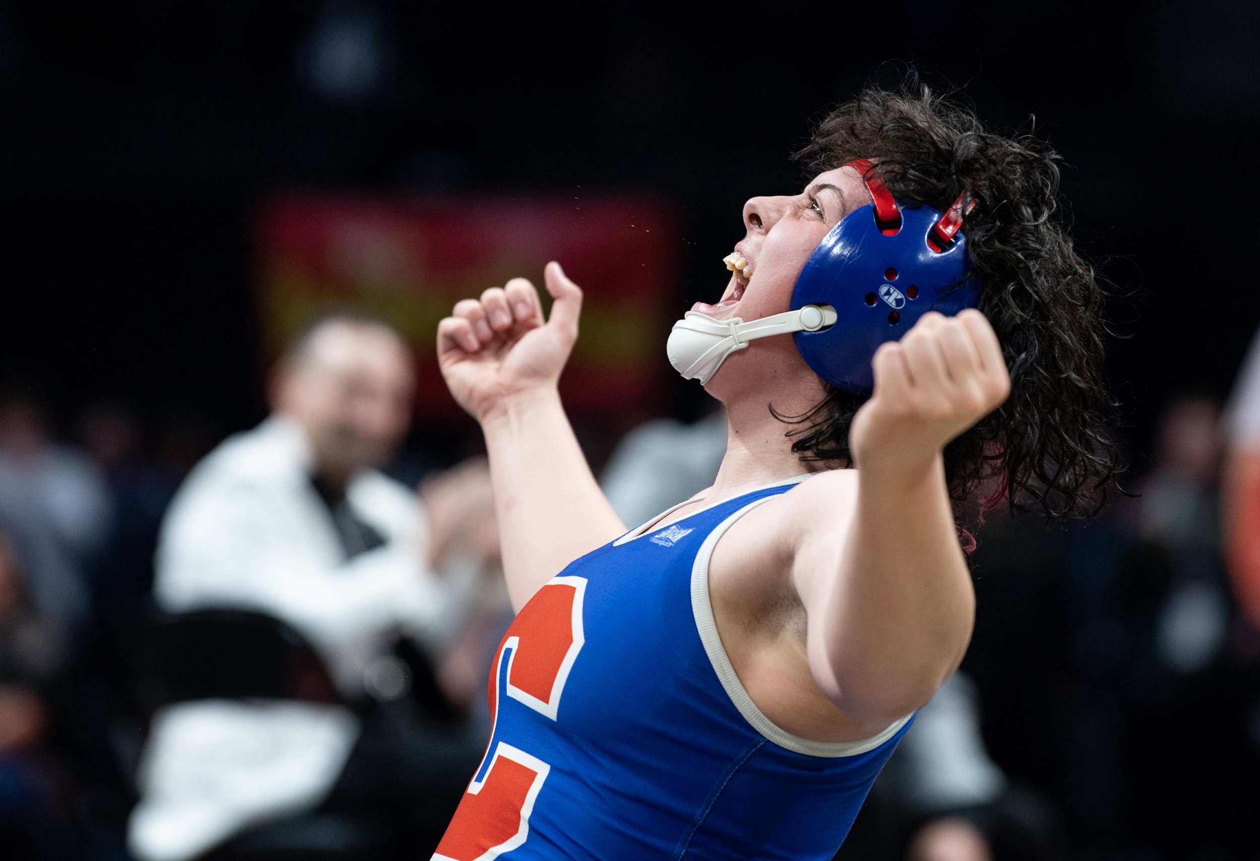  Calvin’s Taylor Knox celebrates her third state title at the state wrestling championship finals on Saturday, Feb. 18, 2023, at Ball Arena in Denver, Colo. 