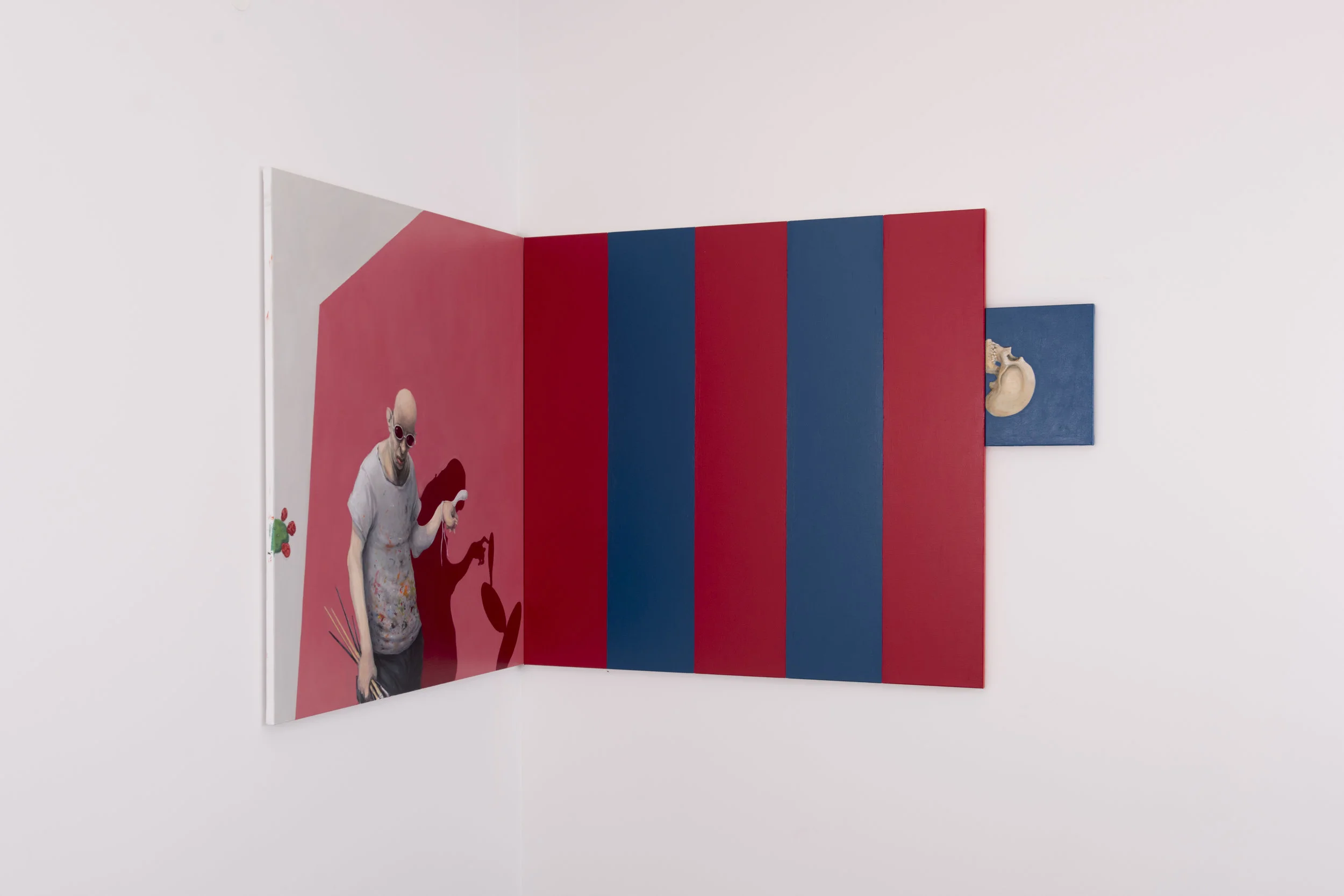 I ”Nothing But a Bloody Circus” står en kunstmaler og grubler. I høyre bildekant sees en hodeskalle.