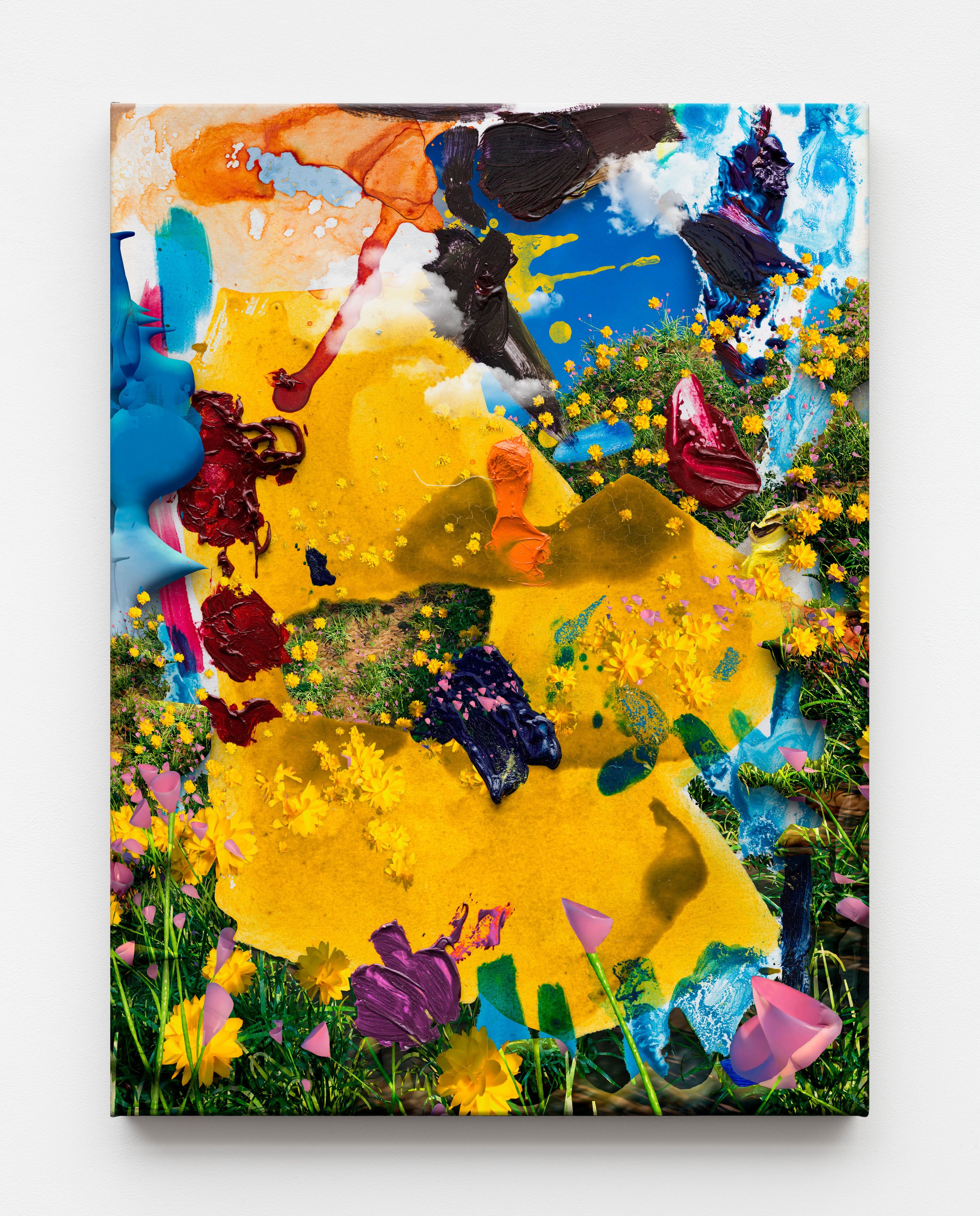 Johannes Bendzulla, Ohne Titel (Blumenwiese), 2025, Inkjetprint auf Büttenpapier, sowohl die Front als auch die Seiten der Arbeit bedeckend, 80 x 60 x 3,5 cm, Courtesy Galerie Petra Rinck