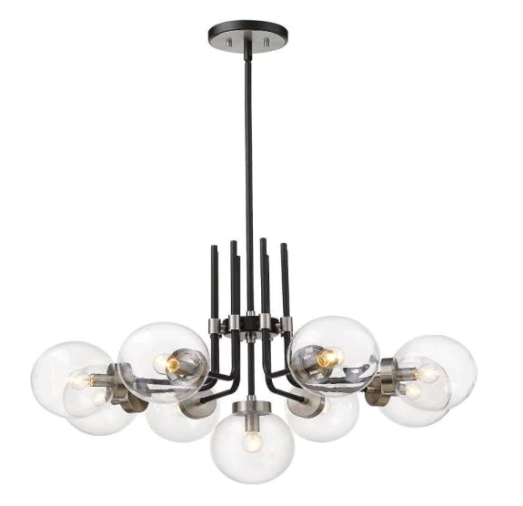 9-Light Matte Black and Brushed Nickel Chandelier with Clear Glass Shade