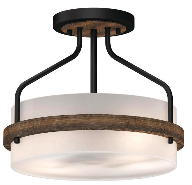 Emery 2-Light Walnut and Black Indoor Semi-Flush Mount Ceiling Fixture with Frosted Glass Drum