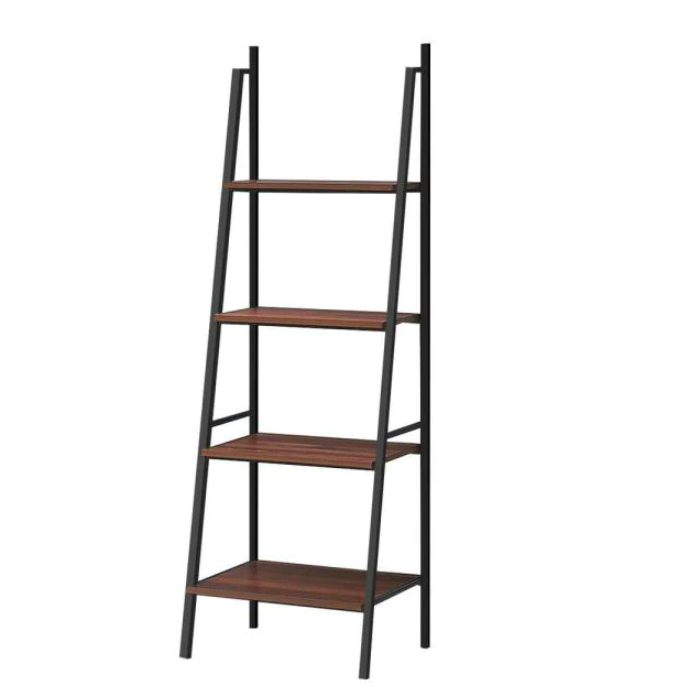 63 in. Brown Wood Ladder 4-Tier Shelves Metal Frame Bookcase with Storage