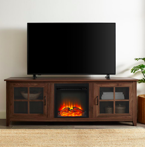 70 in. Dark Walnut Composite TV Stand 75 in. with Electric Fireplace