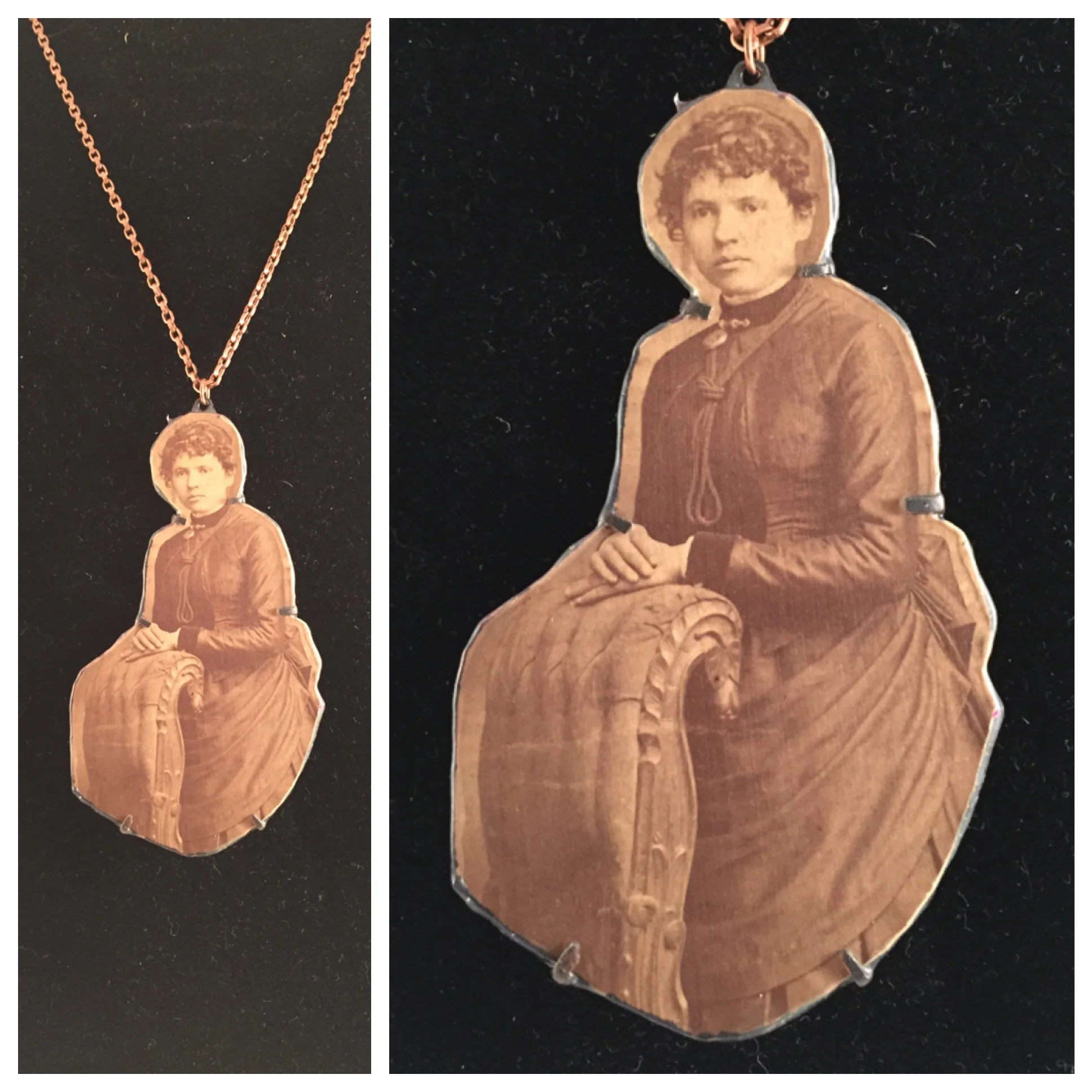  This necklace is a pendant made from an antique carte de visite photograph of a well-dressed woman named Mahala M. Griffin standing behind a chair mounted on a copper backing strung on a copper chain. Pendant is 3.5" long, 2" wide &amp; chain is 22"