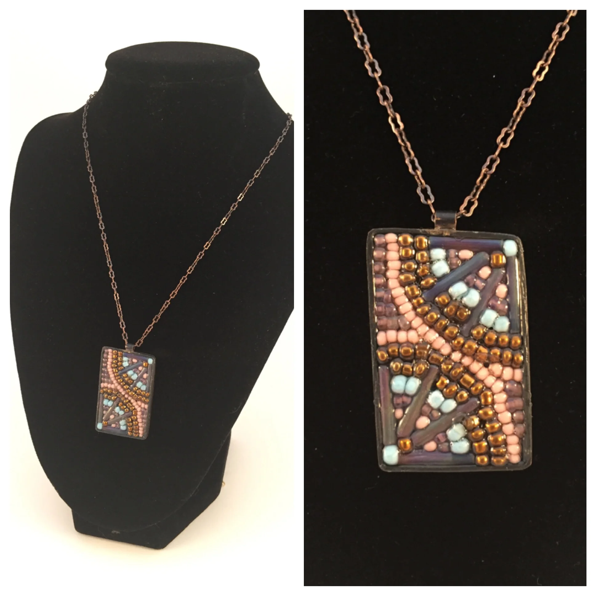  This necklace is made from glass beads mosaicked into a frame constructed from repurposed copper with a liver of sulfur patina. Beads are sky blue, rose, copper and iridescent purple in color and mosaic is sealed in frame with acrylic medium. Pendan