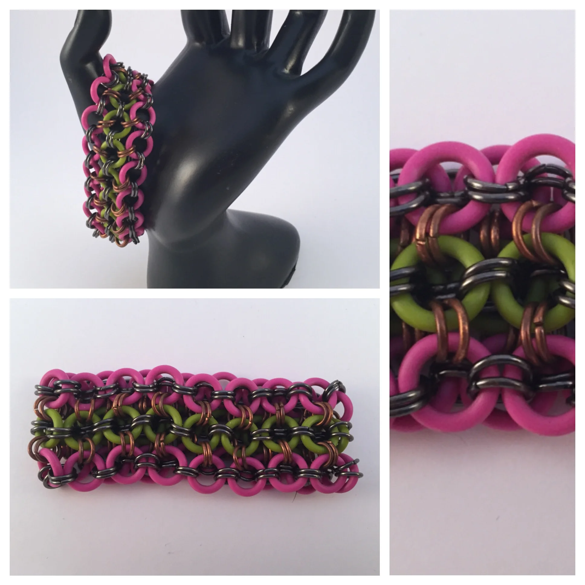  This bracelet is made from copper and silicone jump rings. It's slightly stretchy so it slips over the hand and onto the wrist. It's in colors of green and pink silicone rings, with copper and black metal rings.  Available at:  https://www.etsy.com/