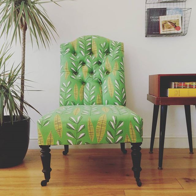 Grist & Twine Upholstery: Victorian button backed nursing chair upholstered in green patterned MissPrint fabric