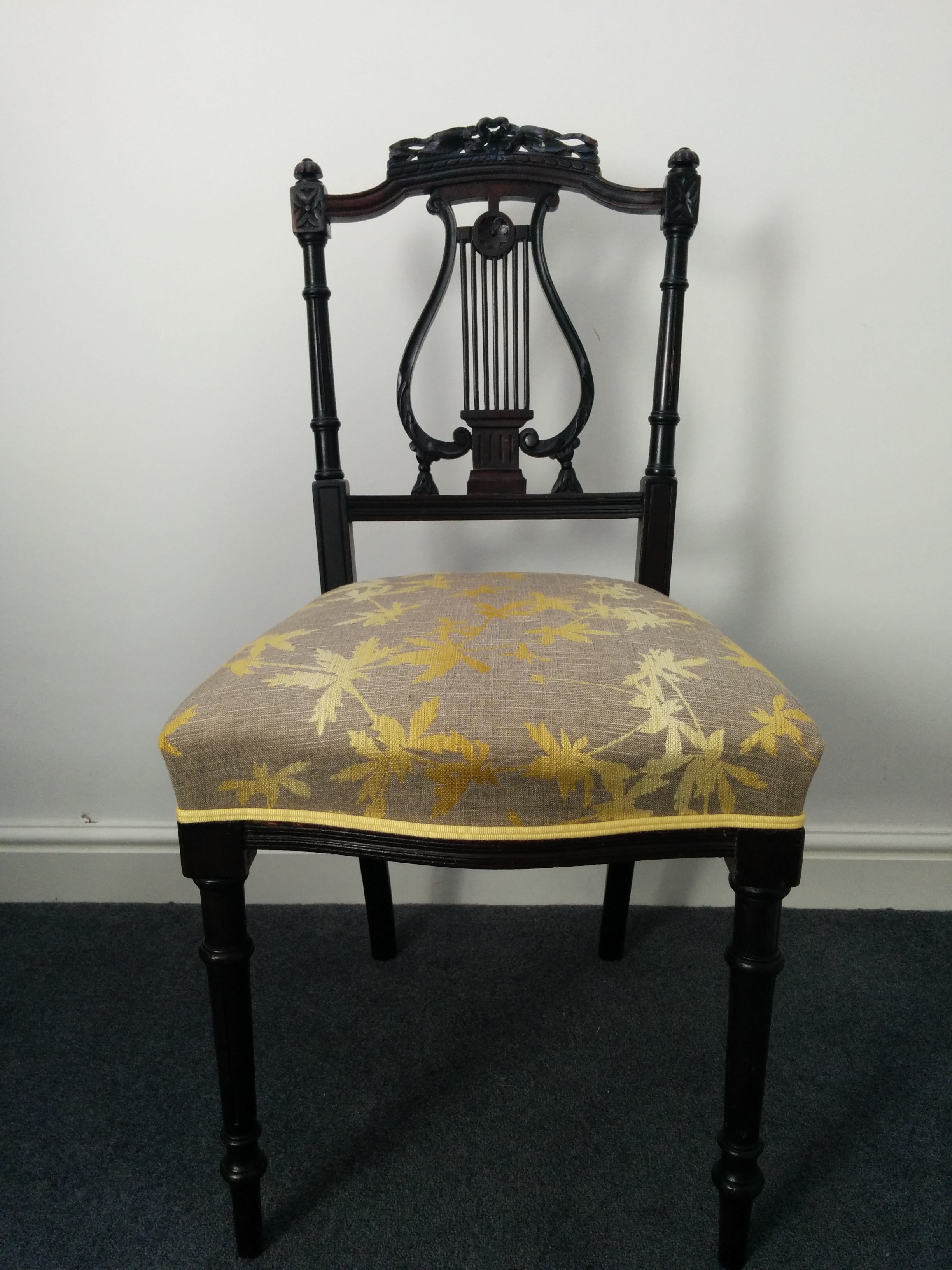 Grist & Twine Upholstery: Victorian lyre-backed chair reupholstered in Clarissa Hulse fabric