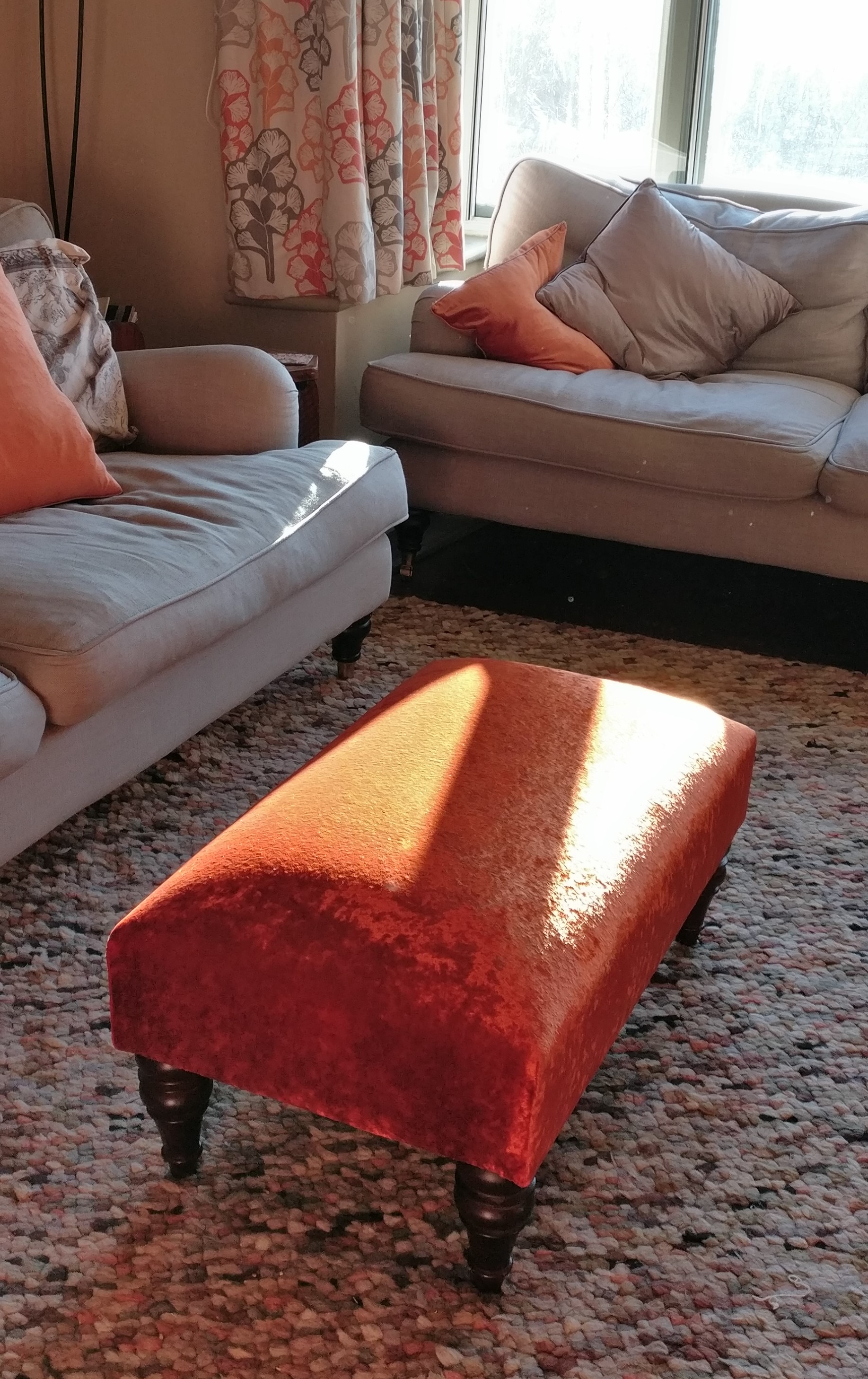 Grist & Twine Upholstery: Footstool reupholstered in orange crushed velvet