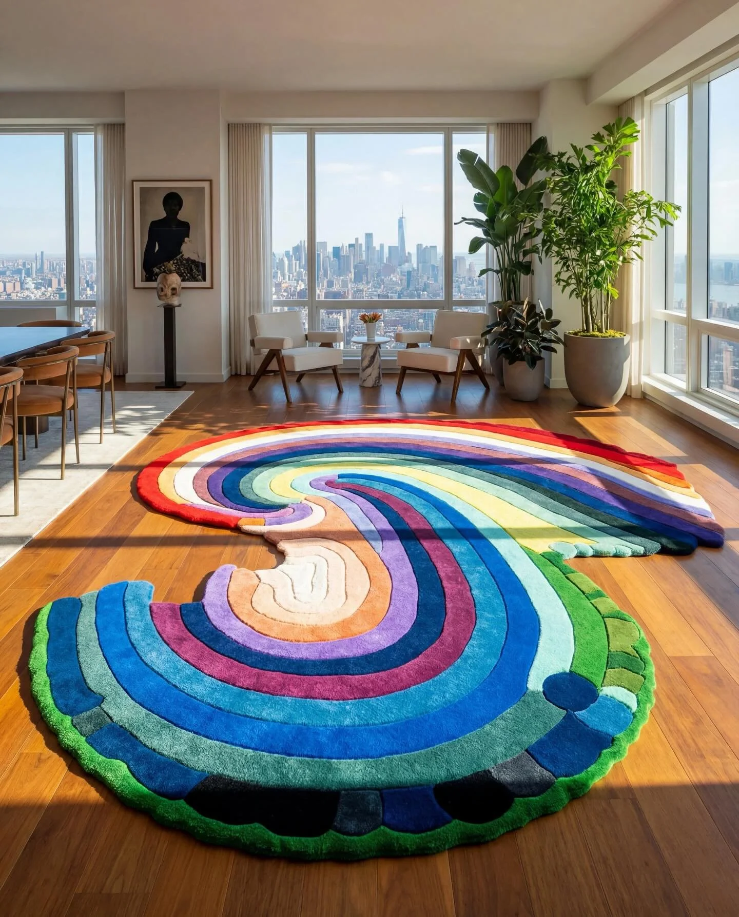 The Wave Rainbow Carpet is a sculptural floor piece that blends movement, color, and craftsmanship into a single flowing form. Inspired by the natural rhythm of a breaking wave and the emotional pull of a rainbow, its curved silhouette feels both org