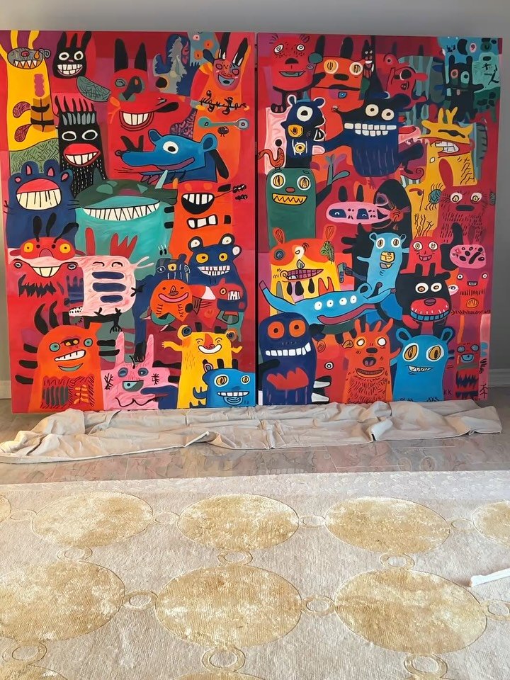 Diptych
We Are Not Alone (And That&rsquo;s Fine) 
Left: Public Assembly of Imaginary Friends
Right: No One Is In Charge Anymore

Each painting 4x6 ft
Diptych 8x6 ft

Oil on canvas 

2026
#Anchorball
#SoftMonsterSeries
#InteriorArt
#DesignFocusedArt
#