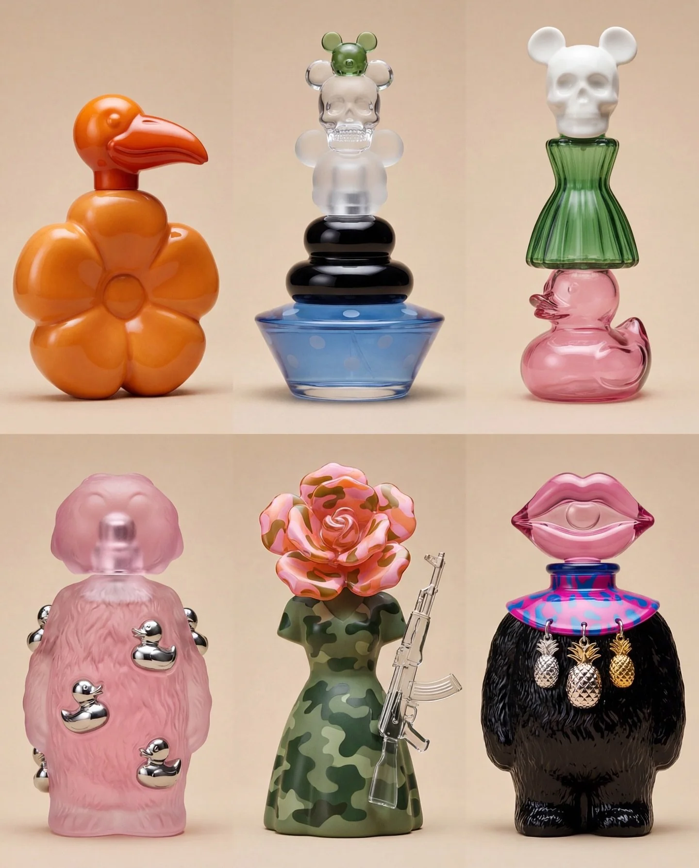 Anchorball x Sol &amp; Ken &mdash; Parfum Objects
2026

A collection of six Anchorball-branded Sol &amp; Ken parfum bottle designs conceived as sculptural art objects rather than traditional fragrance vessels. Each form exists in a dream-logic space 