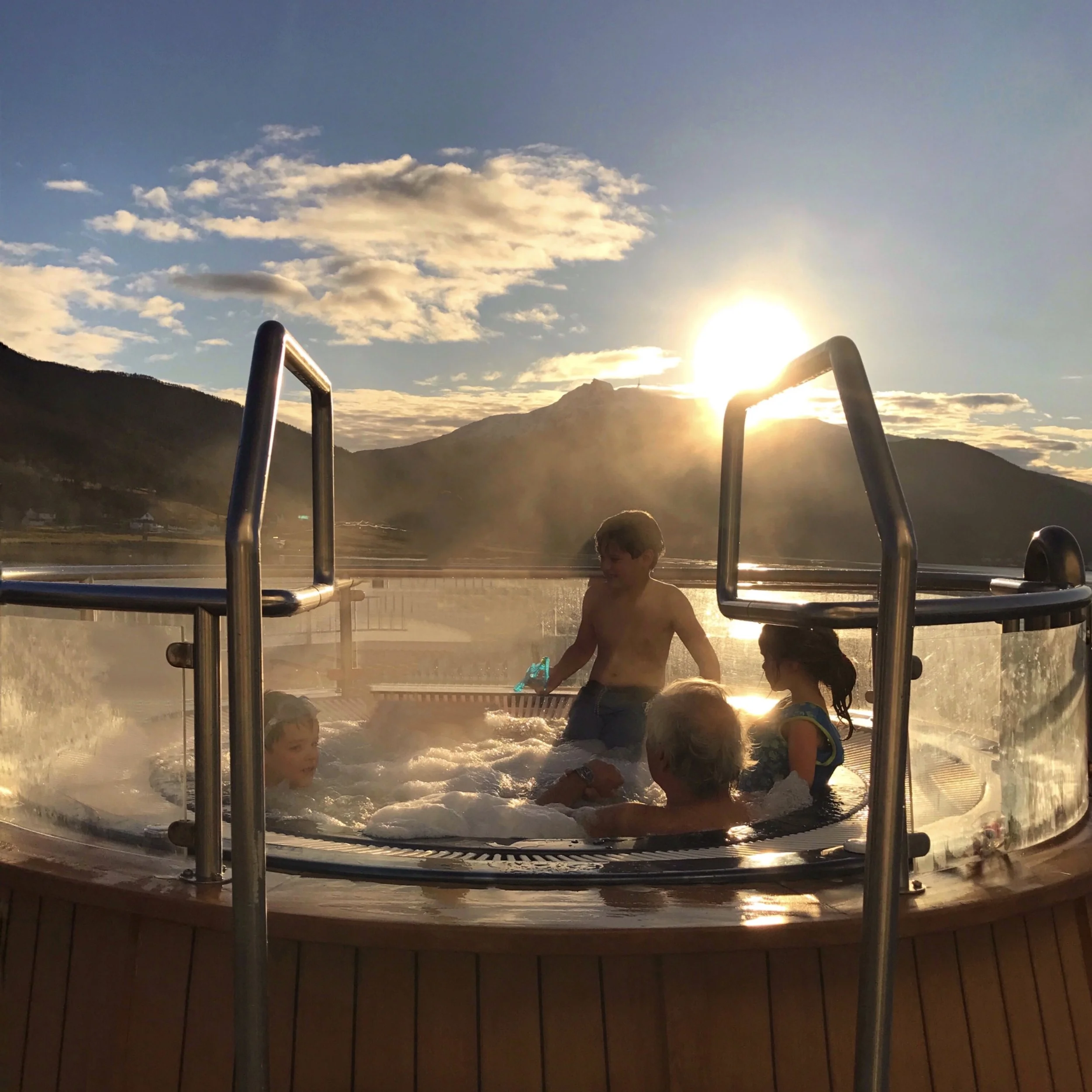 In a hot tub, sailing in to the arctic circle!