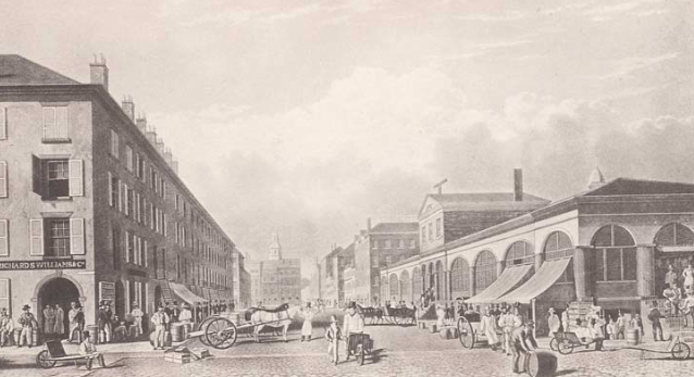 In 1834, artist William James Bennett made this view of Schermerhorn Row and the Fulton Market. Of all the buildings in this picture, only Schermerhorn Row (left side) remains today. 