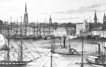 Brooklyn-bound ferries can be seen in this detail of an 1849 print, “View of New York from Brooklyn Heights” by Currier. 
