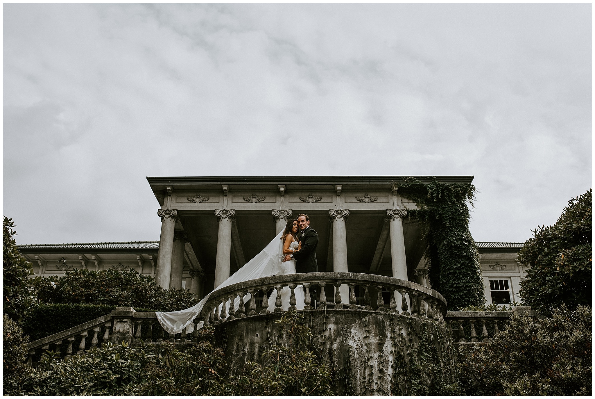 Bride and Groom on the terrace at Hycroft Manor 