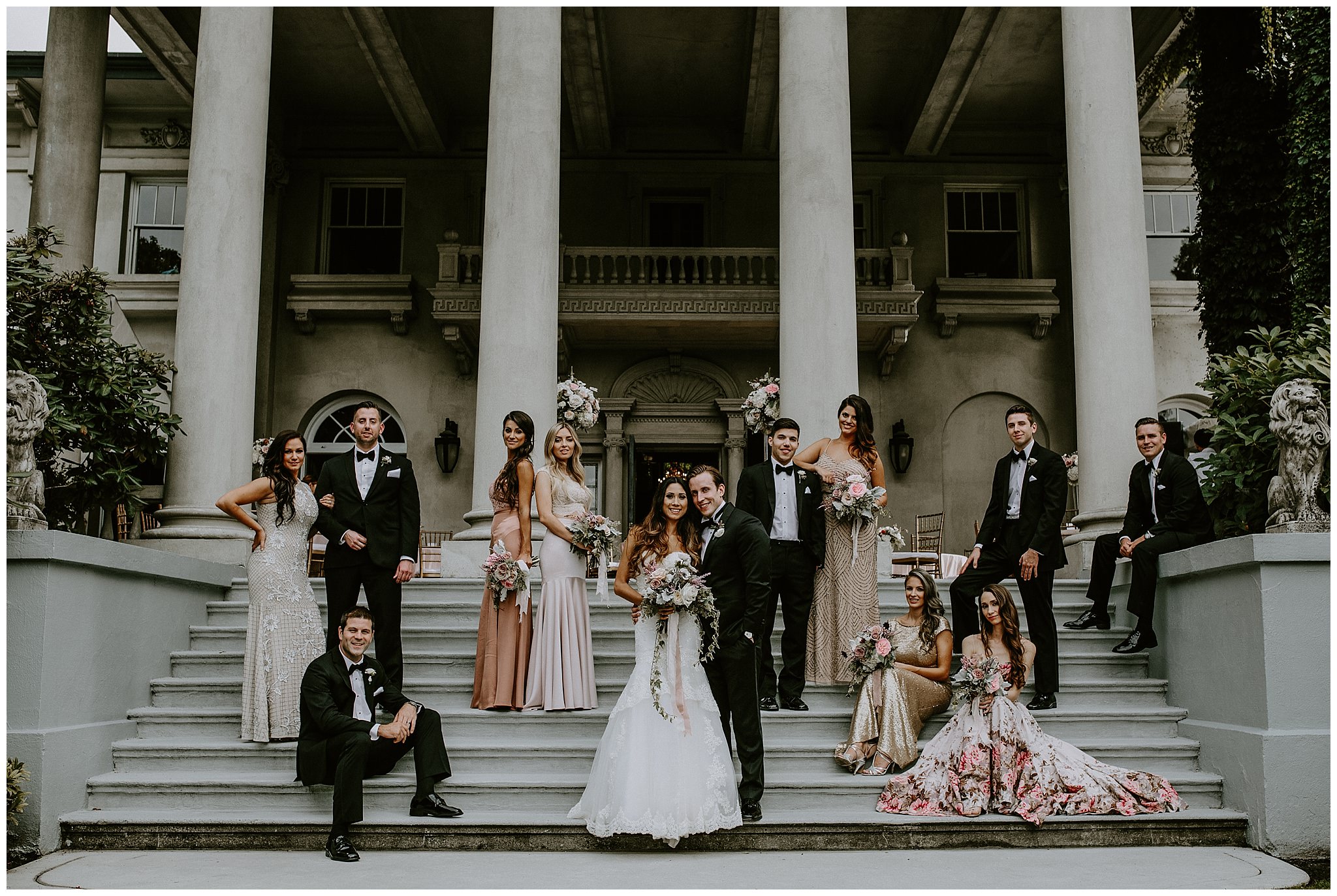 Vanity Fair inspired bridal party photo on the terrace at Hycroft Manor 