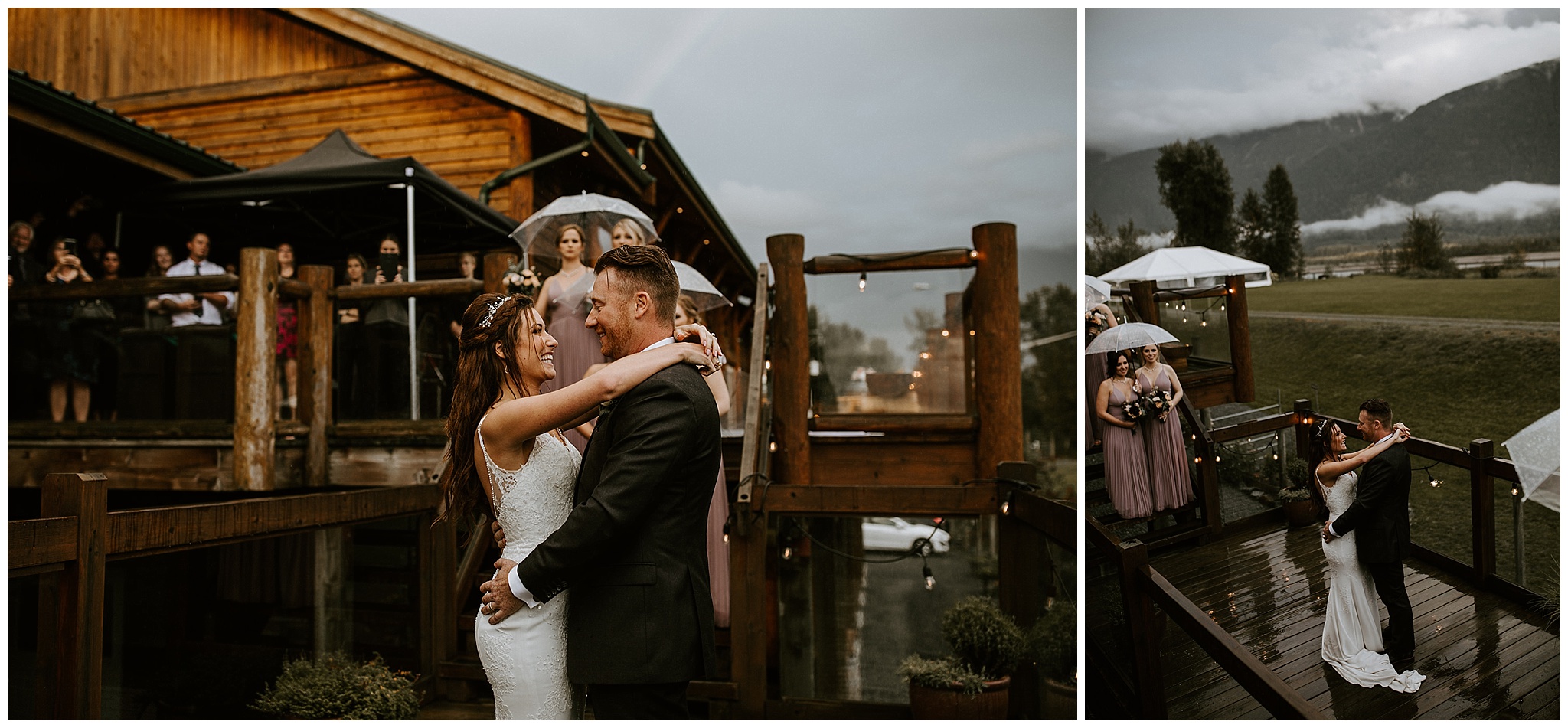 A bride and groom having their first dance on the deck at the Fraser River Lodge 