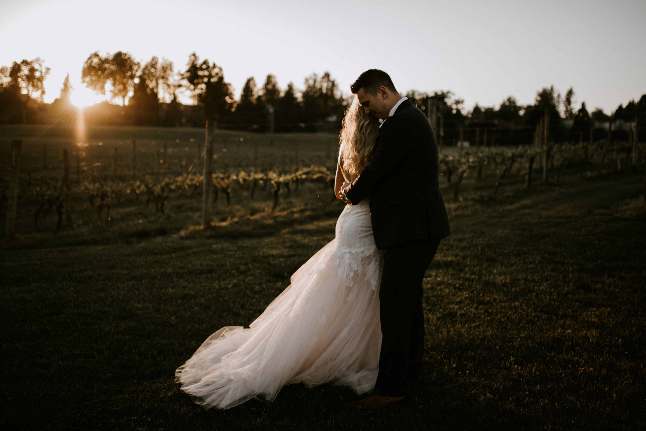 Bride and Groom photo during sunset at their wedding at Mount Lehman Winery in Abbotsford