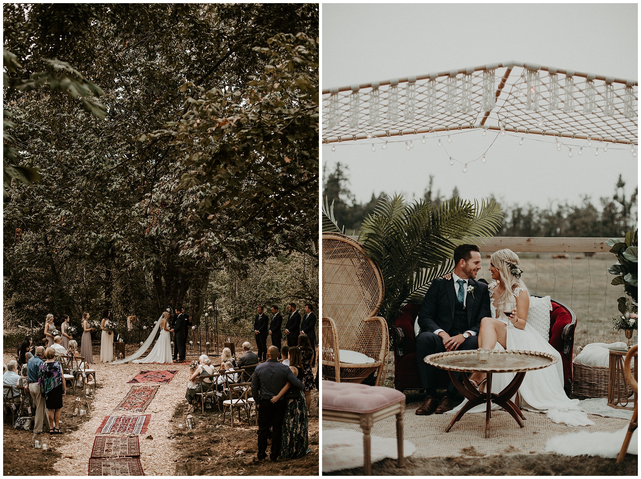 Set up of a bohemian backyard wedding in Langley, BC