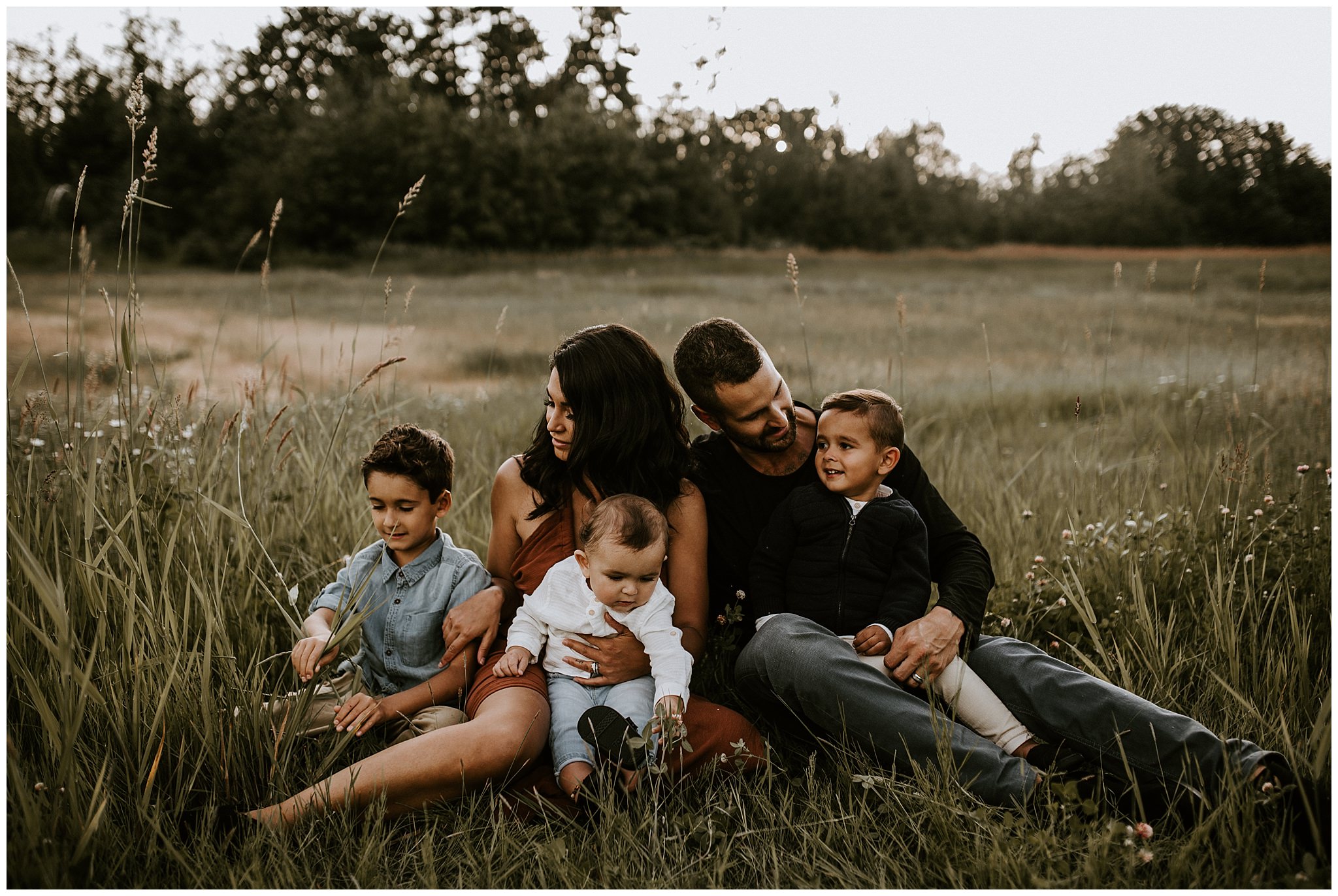 A golden hour family photoshoot in tall grass. Shot in Langley BC