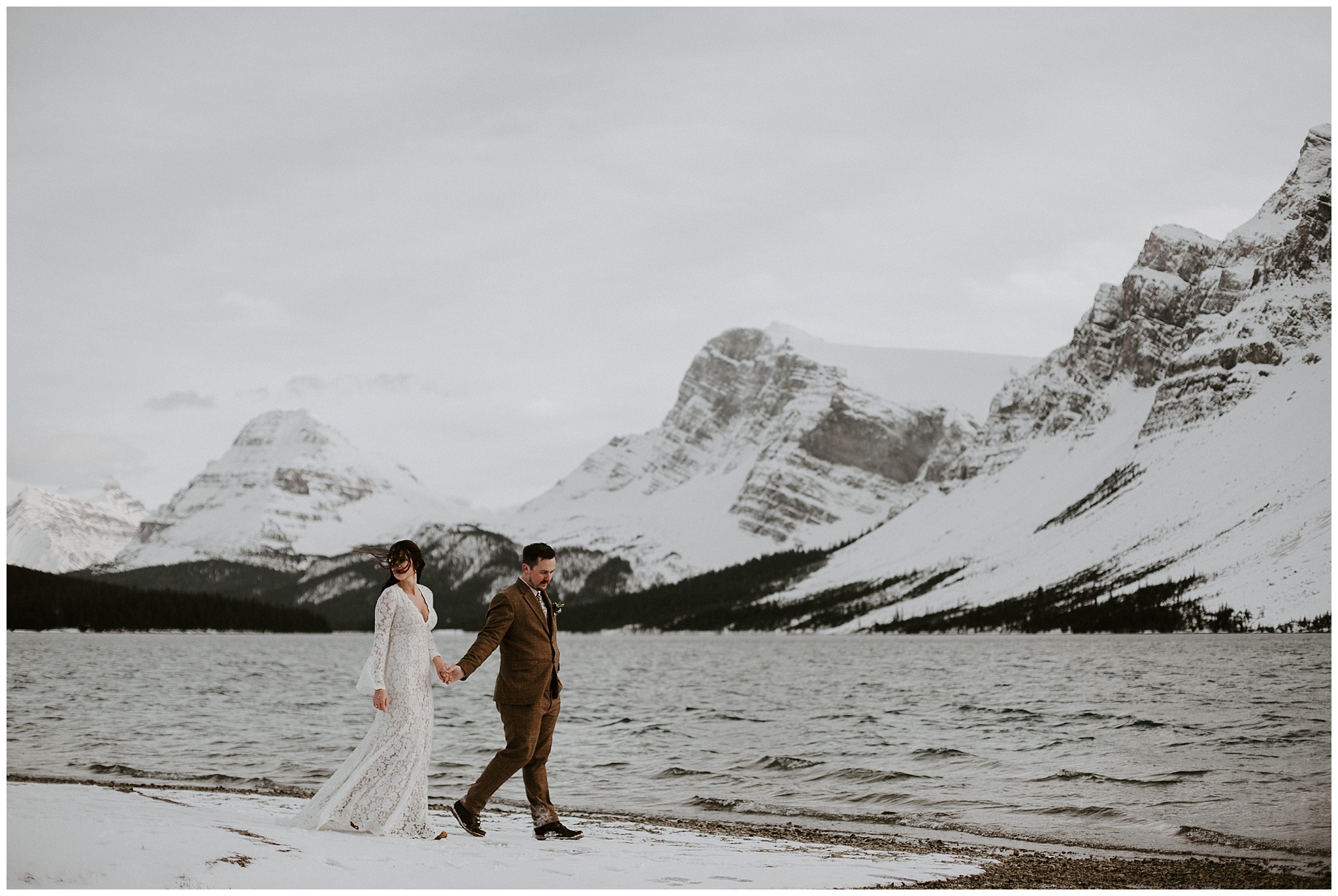 A bride and groom portrait from their wedding at Bow Lake in Jasper 