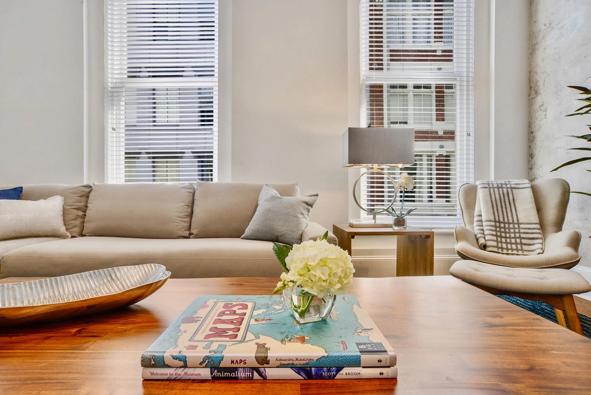 Coffee table with books and flowers