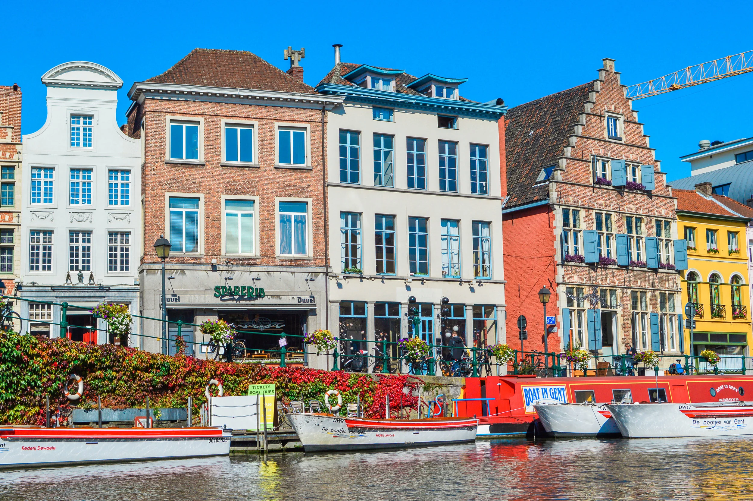 Shops and Restaurants along the Leie River, Ghent, Belgium