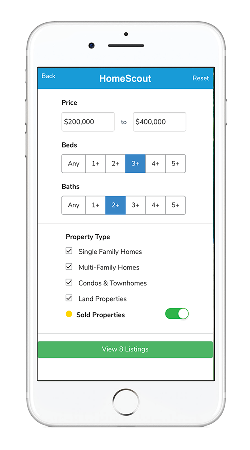 The Filters feature allows you to isolate your search by price range, number of bedrooms, baths as well as property types. Once you have narrowed your search tap the green bar at the bottom of the screen to View Listings. Note: Remember to tap the Save button when you return to the map view to save your search preferences for this area.