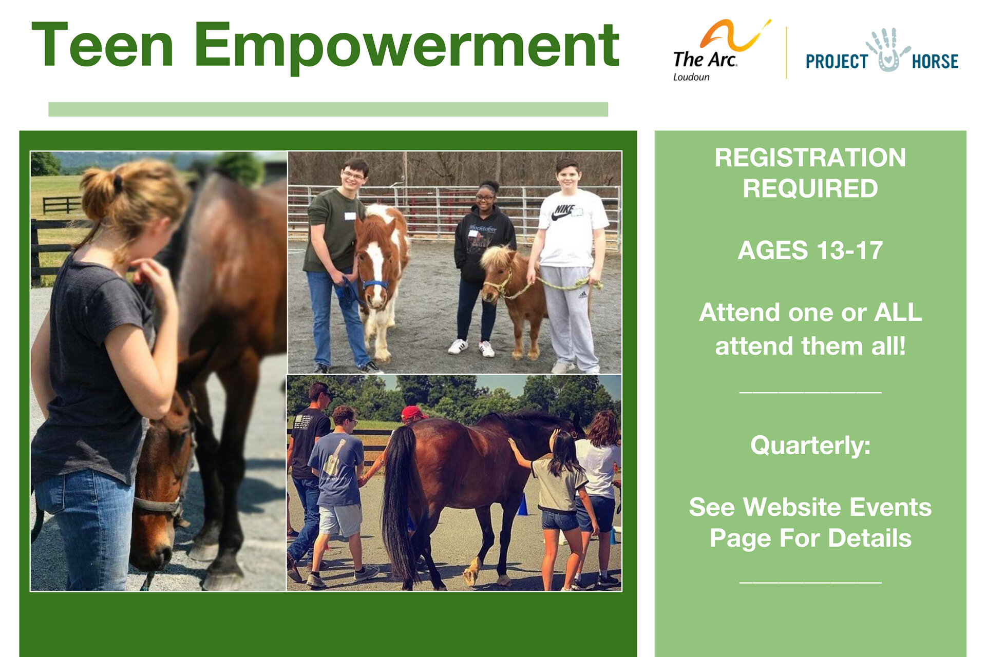 Join our 4-legged mentors and 2-legged staff for fun and helpful lessons on Sunday, Dec. 11! No horse experience is required! Each theme-focused workshop includes:

- Ground-based activities
- Hands-on horse time
- Lots of positive peer support
- Dis