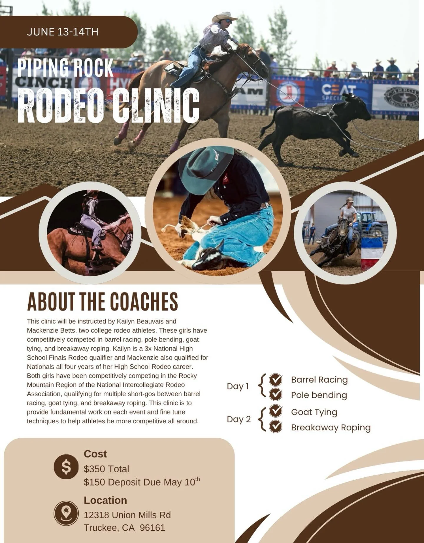 Join us this June for an exciting weekend at Piping Rock Equestrian Center&rsquo;s Rodeo Clinic, happening June 13&ndash;14!

We are thrilled to welcome talented college rodeo athletes Kailyn Beauvais and Mackenzie Betts as your coaches for this two-