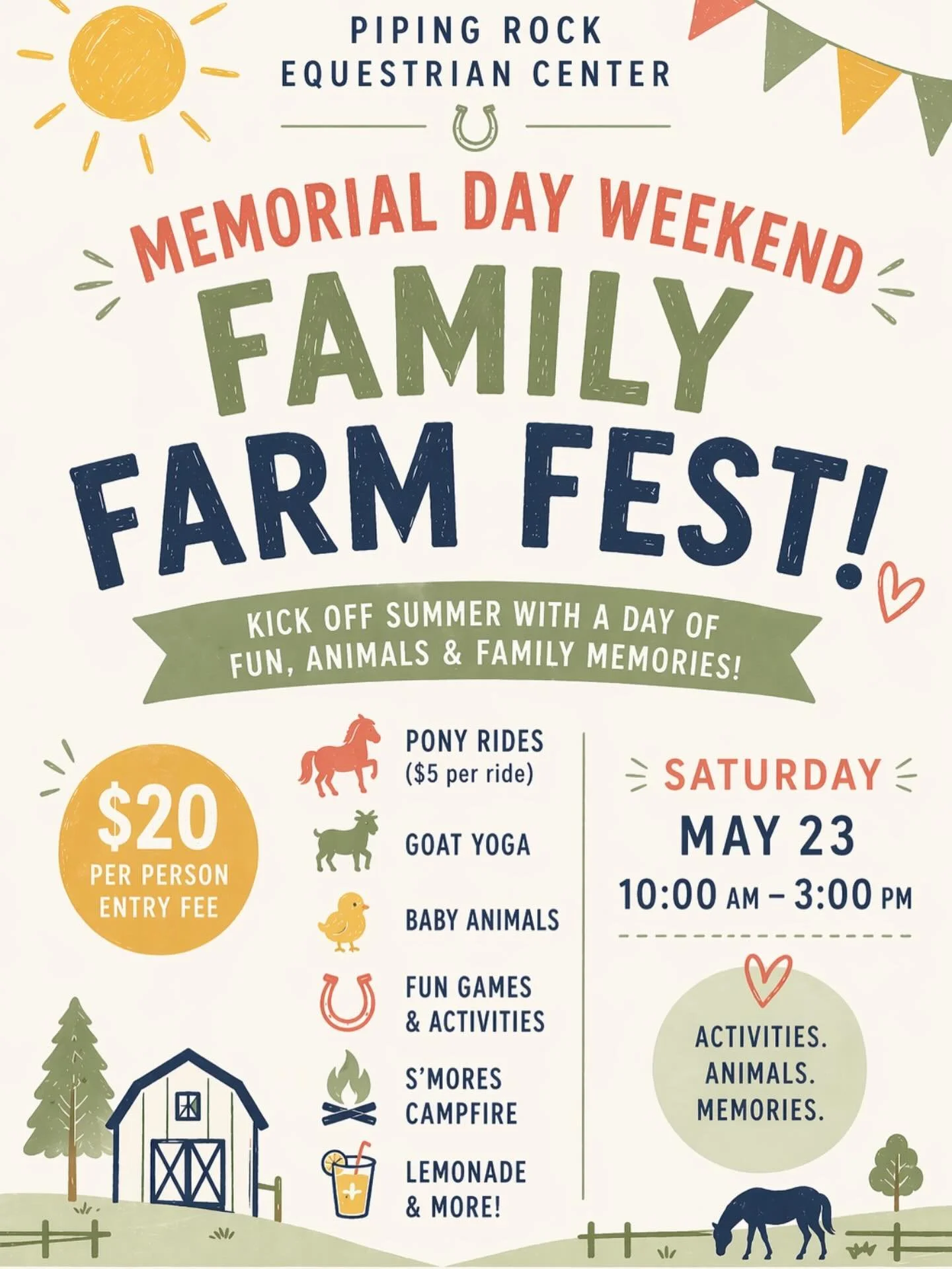 Memorial Day Weekend just got a whole lot more fun! 

Join us at Piping Rock Equestrian Center for our Family Farm Fest on Saturday, May 23 from 10:00 AM to 3:00 PM right on our beautiful farm in Truckee, CA. It&rsquo;s the perfect way to kick off su