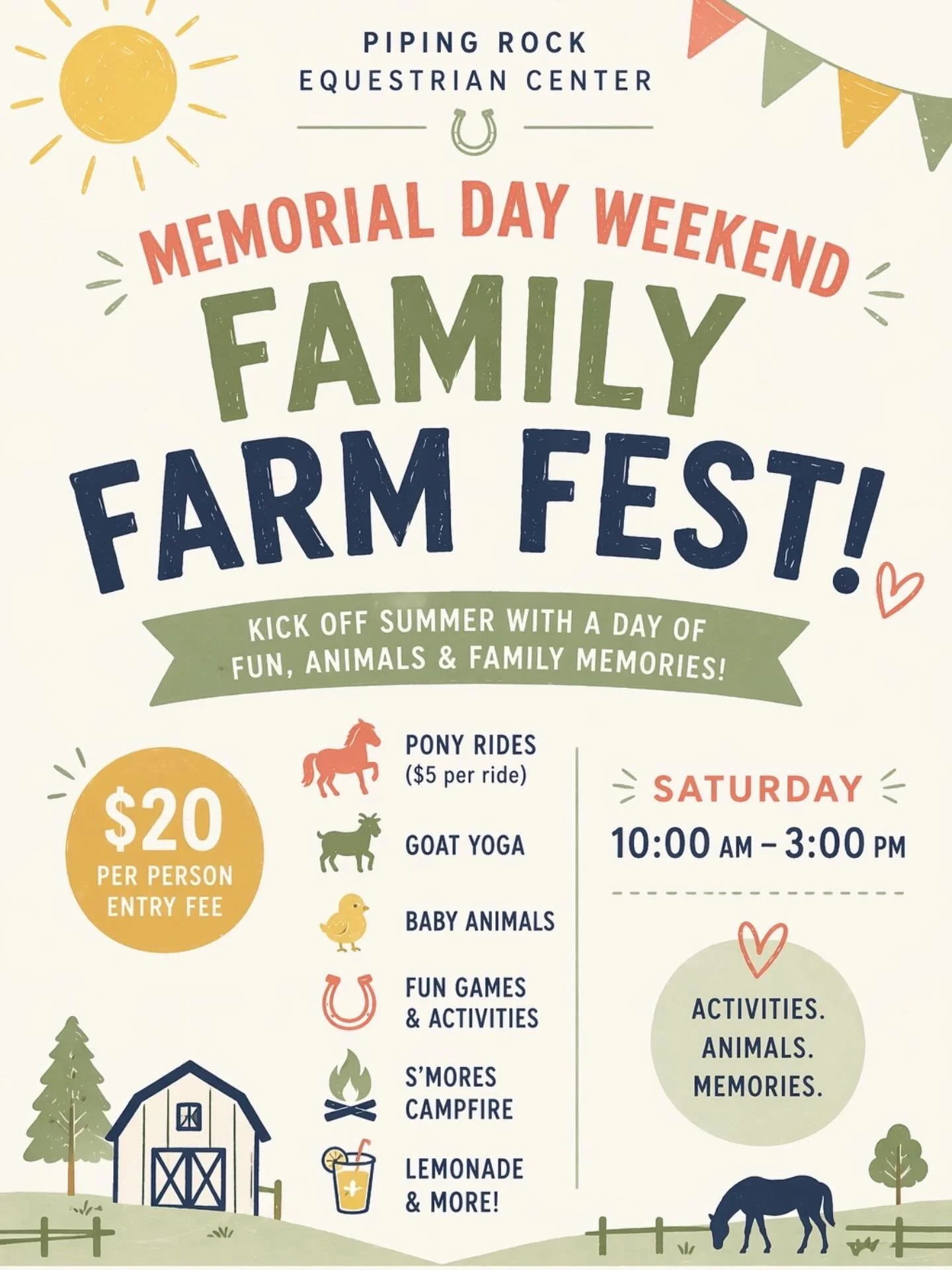 Kick off Memorial Day Weekend with us at Piping Rock Equestrian Center for a full day of family fun on the farm!

Join us this Saturday from 10:00 AM&ndash;3:00 PM in beautiful Truckee for our Family Farm Fest &mdash; a fun-filled day packed with pon