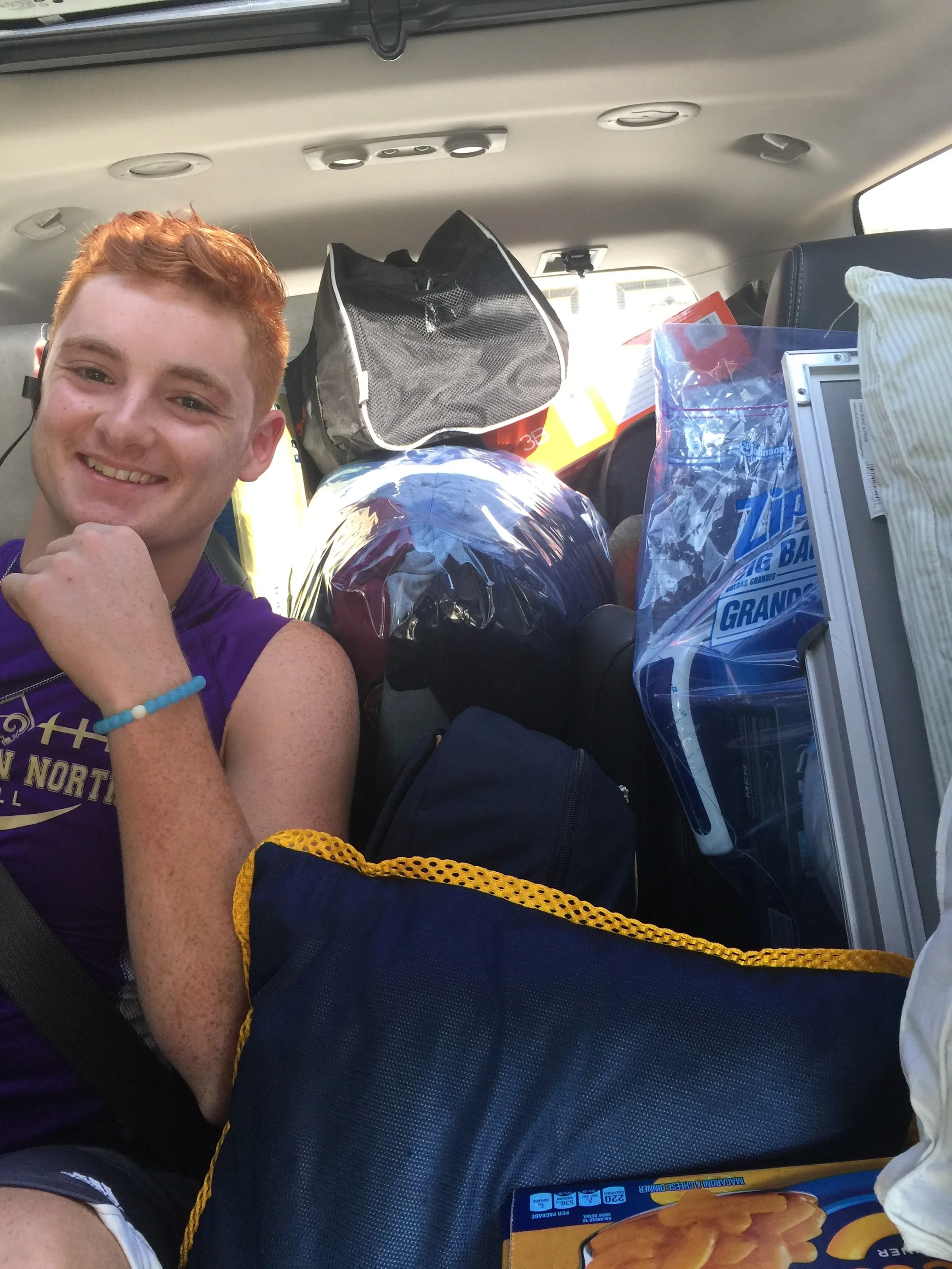 Christine's son and the packed car en route to college. Clearly, he has everything he could possibly need along with anything his dorm mates might need! 