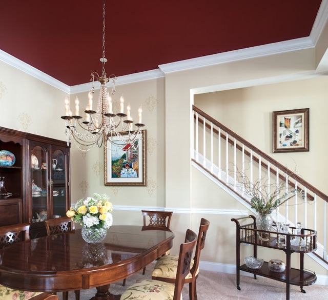We used red a few years ago on a dining room ceiling. By Ella Design Group